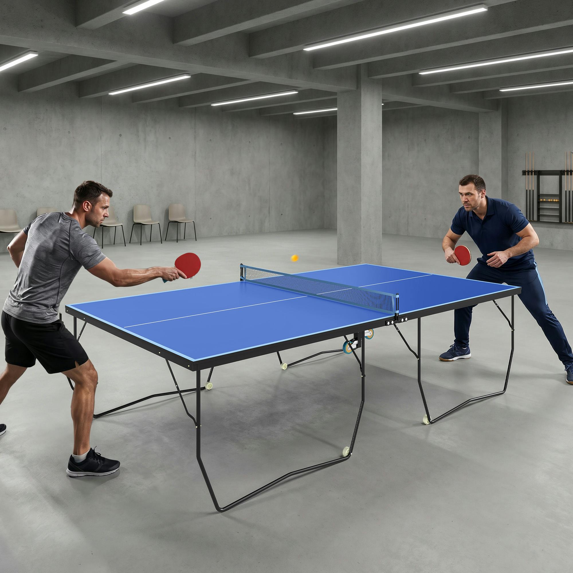 Sportnow Blue 9Ft Folding Table Tennis Table W/ 8 Wheels For Indoors,