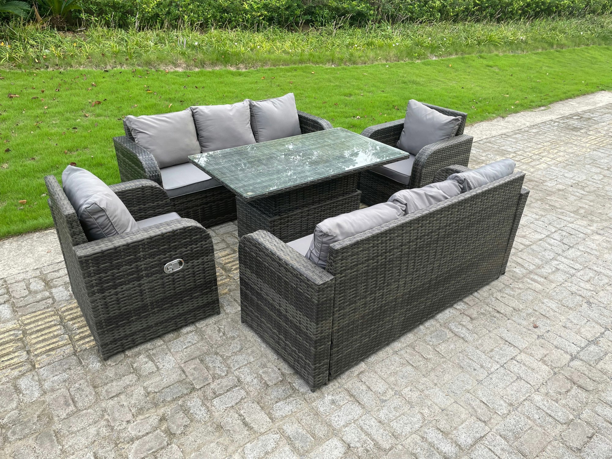 Rackhams Dark/Grey Outdoor Rattan Garden Furniture Sofa Set Lounge Sofa Dining Table Height Adjustable Rising Lifting Table Reclining Arm Chairs Seater Size 8