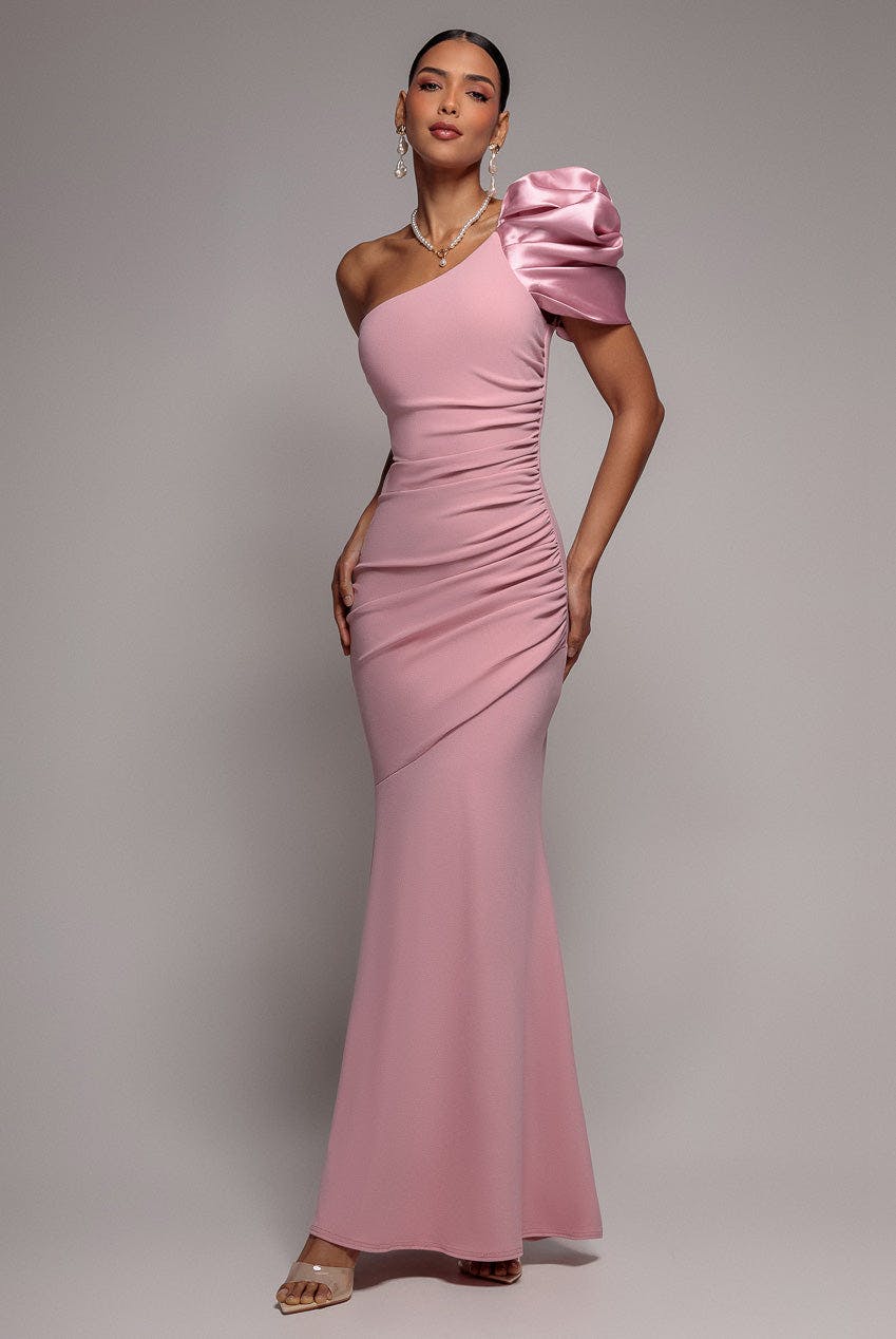 Goddiva Pink One Shoulder Puffed Satin Sleeve Evening Maxi Dress - Blush By - 16