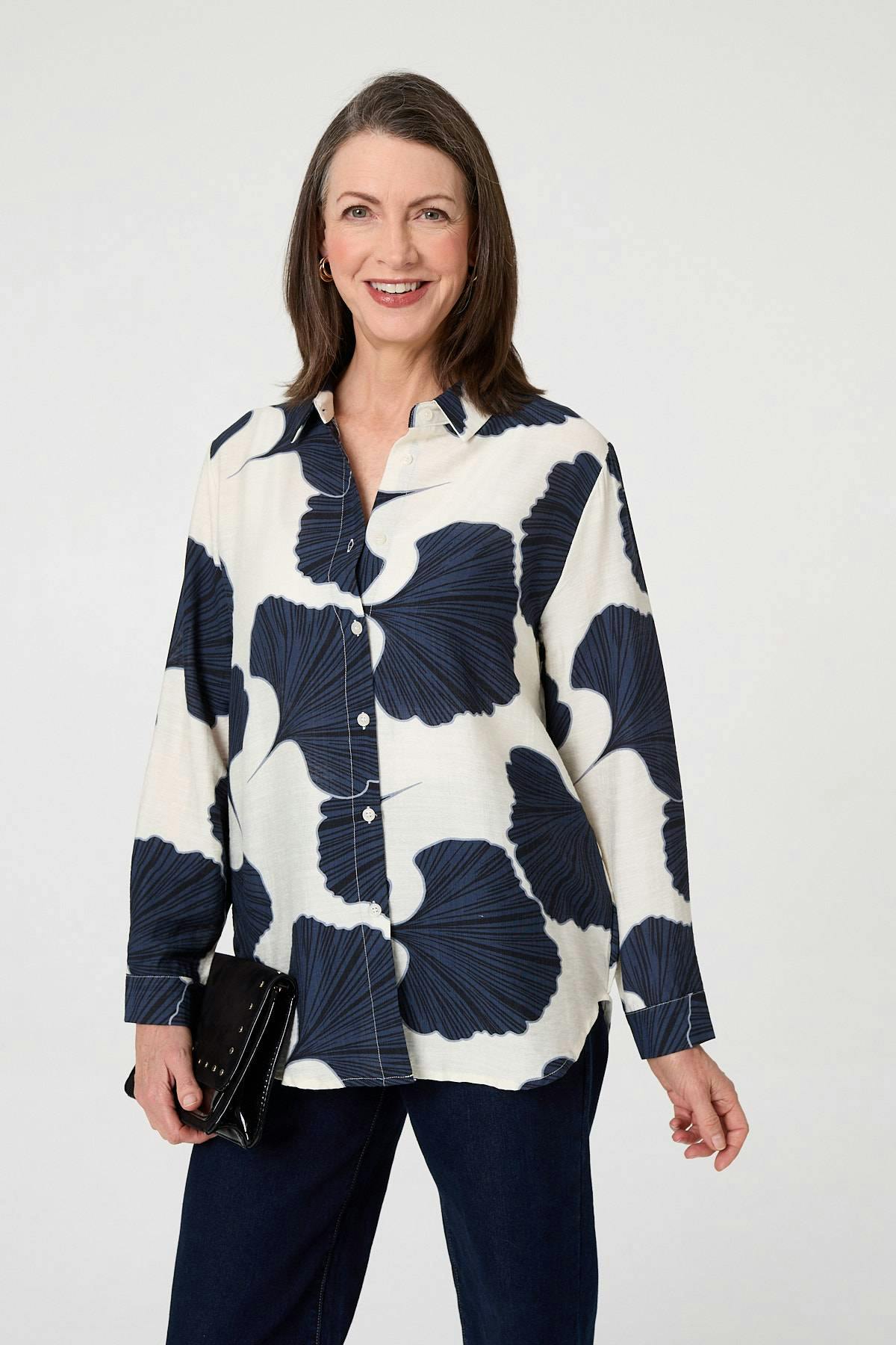 Izabel London Abstract Long Sleeve Button Front Shirt - 10 - Navy