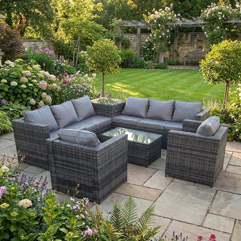 Fimous Dark/Grey 8 Seater Rattan Garden Furniture Set With Sofa, 2 Chairs, Coffee Table & Side Table