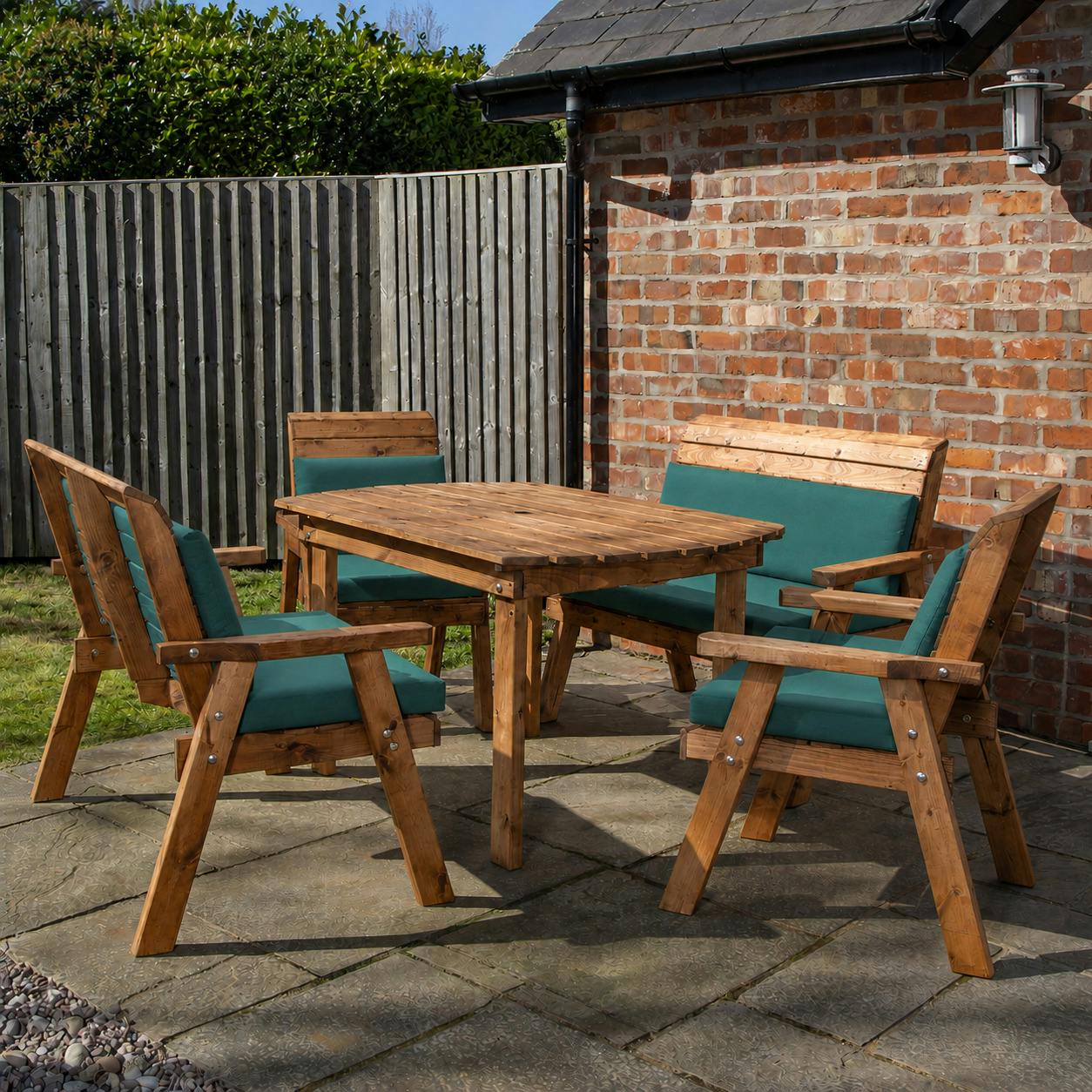 Rackhams Green Handmade 6 Seater Chunky Rustic Wooden Garden Furniture Set. Table, Chairs & Cushions