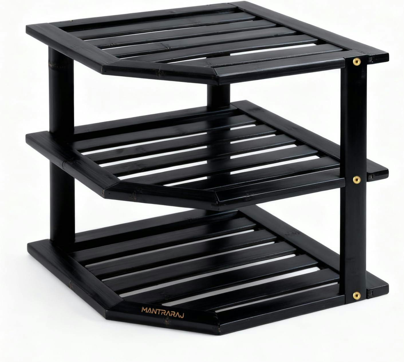Mantraraj Black 3 Tier Bamboo Corner Shelf Rack Unit Kitchen Cupboard Storage Organiser Worktop Tidy Kitchen Plate Rack - Bamboo - Corner Shelf Rack