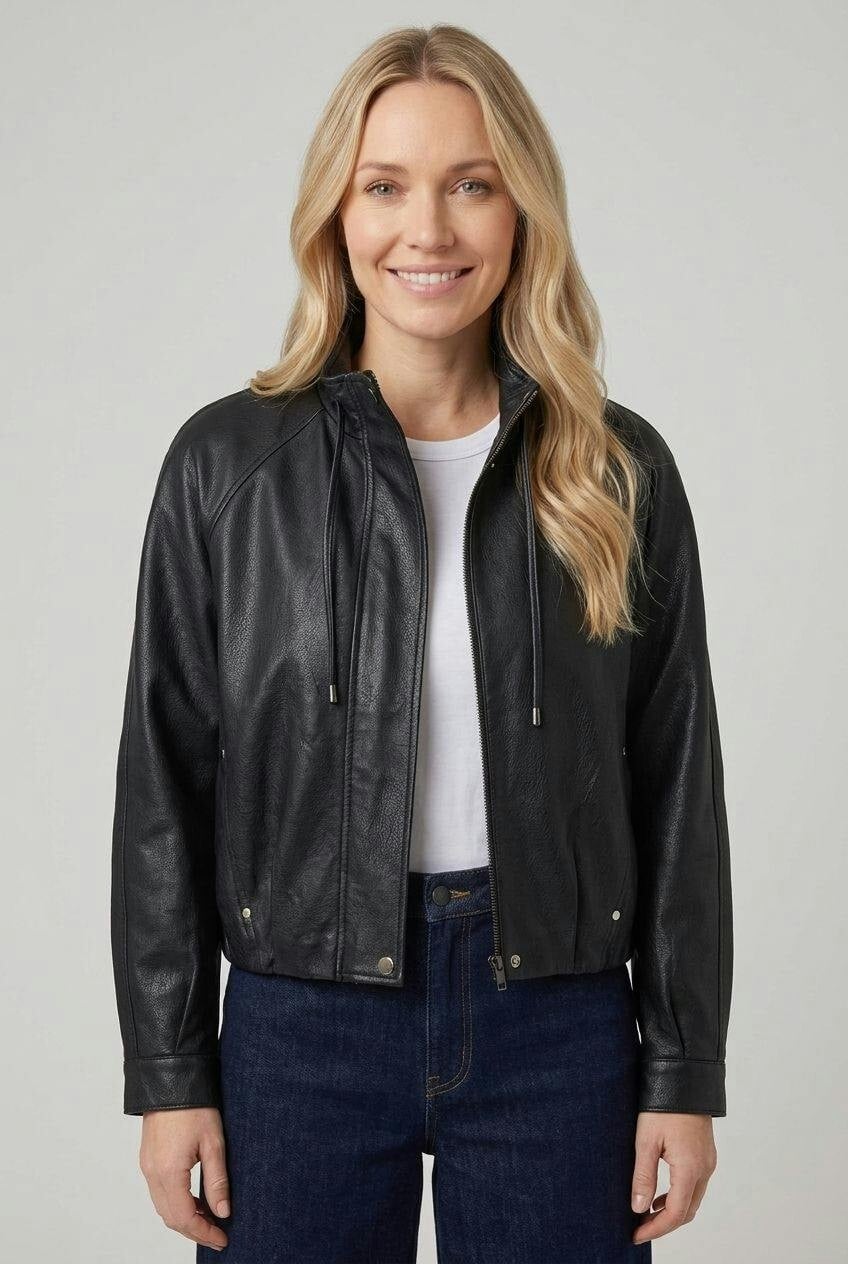 Izabel London Black Faux Leather High Neck Boxy Jacket - M/L