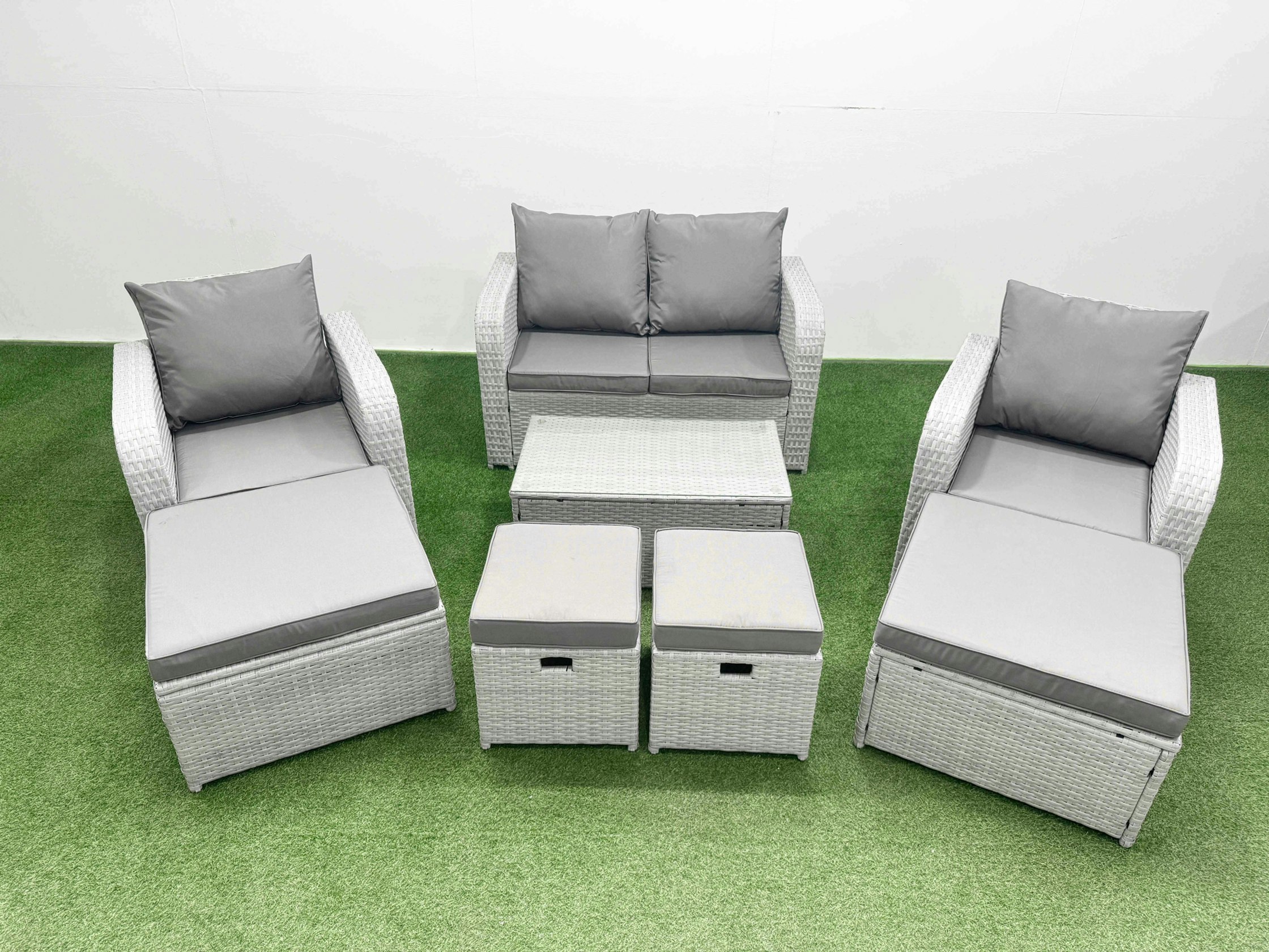 Fimous Light/Grey 8 Pcs Rectangular Coffee Table Set Reclining Chair Inclining Sofa Seat 2 Big Footstool
