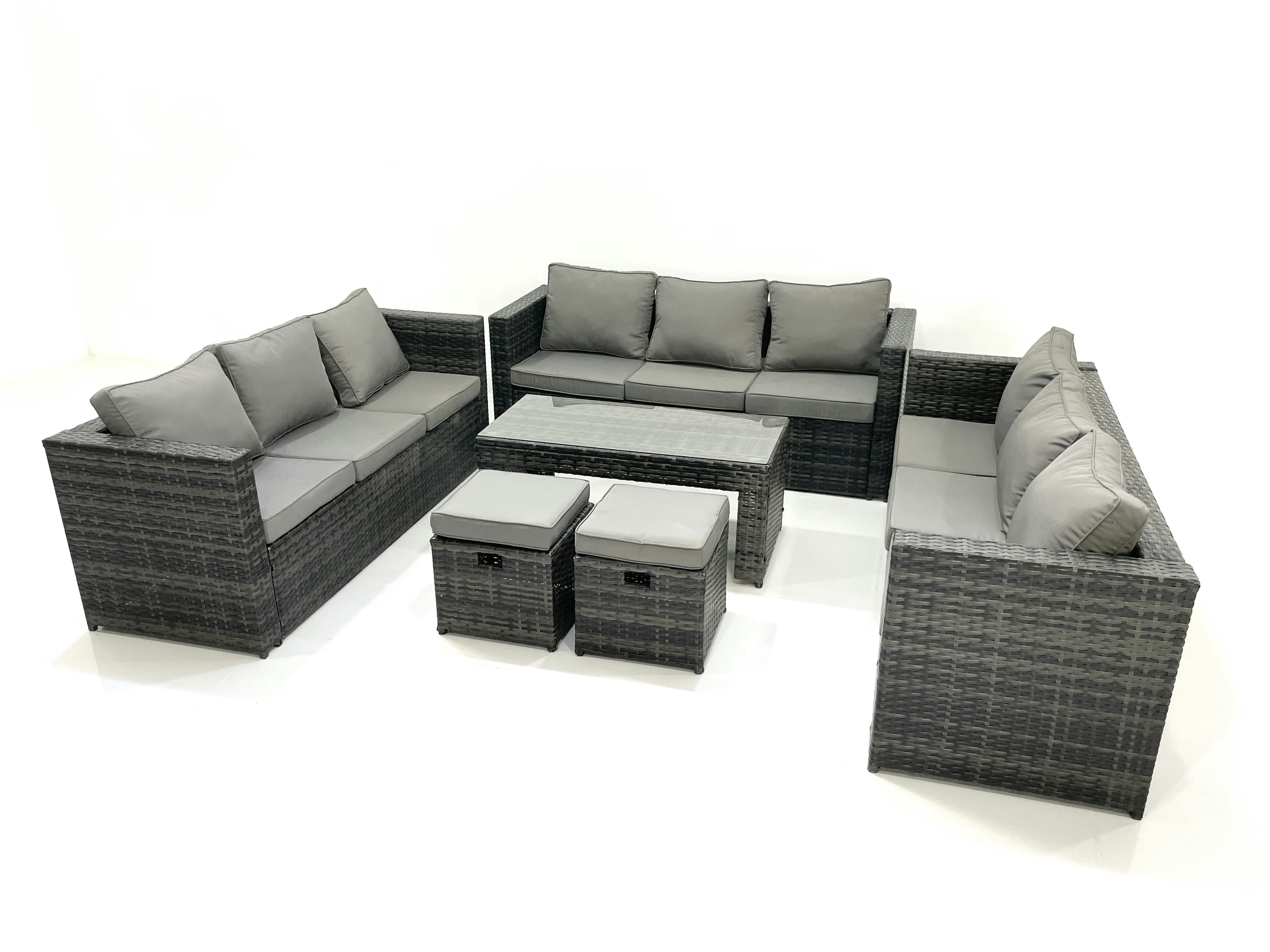 Rackhams Dark/Grey Outdoor Garden Furniture Set 11 Seater Rattan Sofa Set With Coffee Table 2 Small Footstools Mixed
