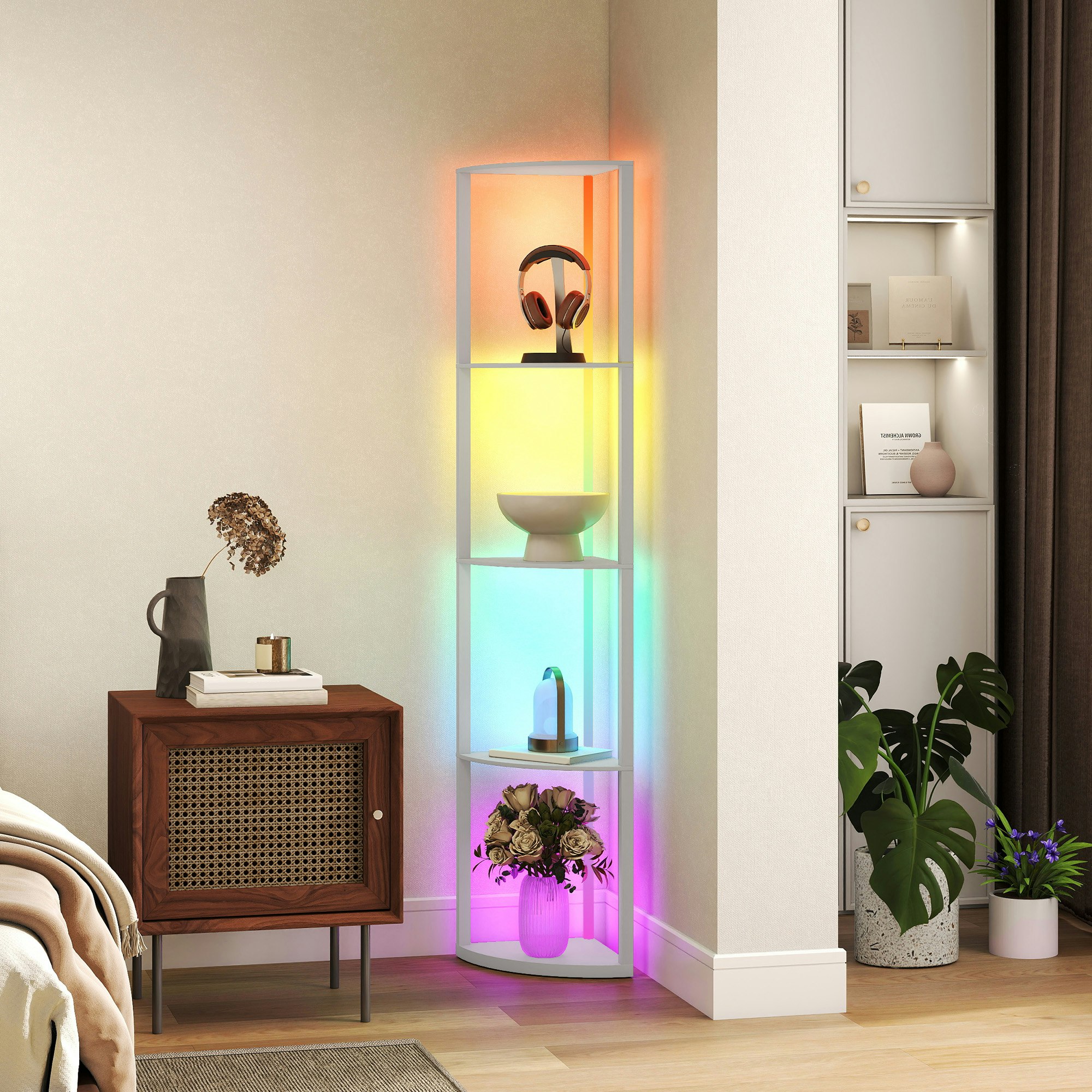 Rackhams Grey Rgb Led Floor Lamp With Shelves And Remote Control For Living Room