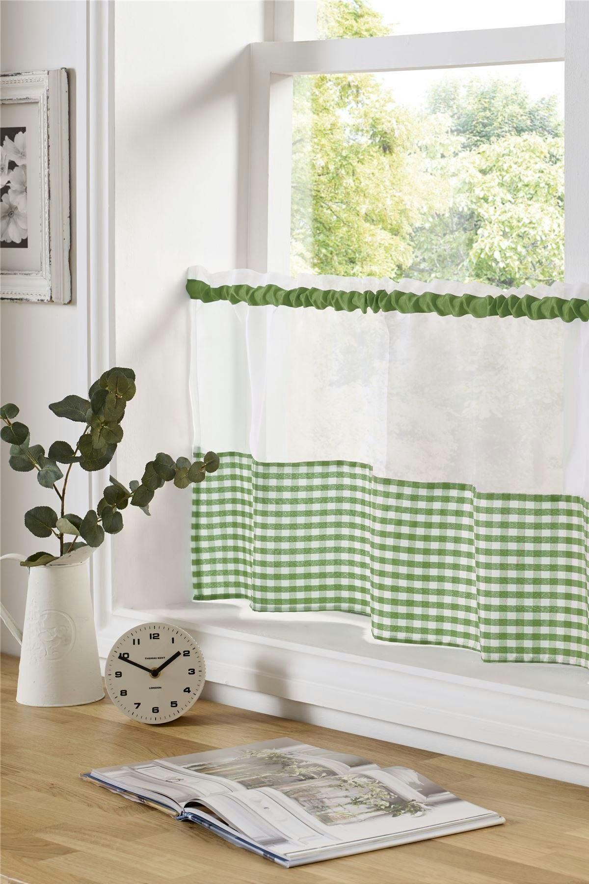 Rackhams Green Gingham Checked Kitchen Voile Curtain Café Panels - 24"