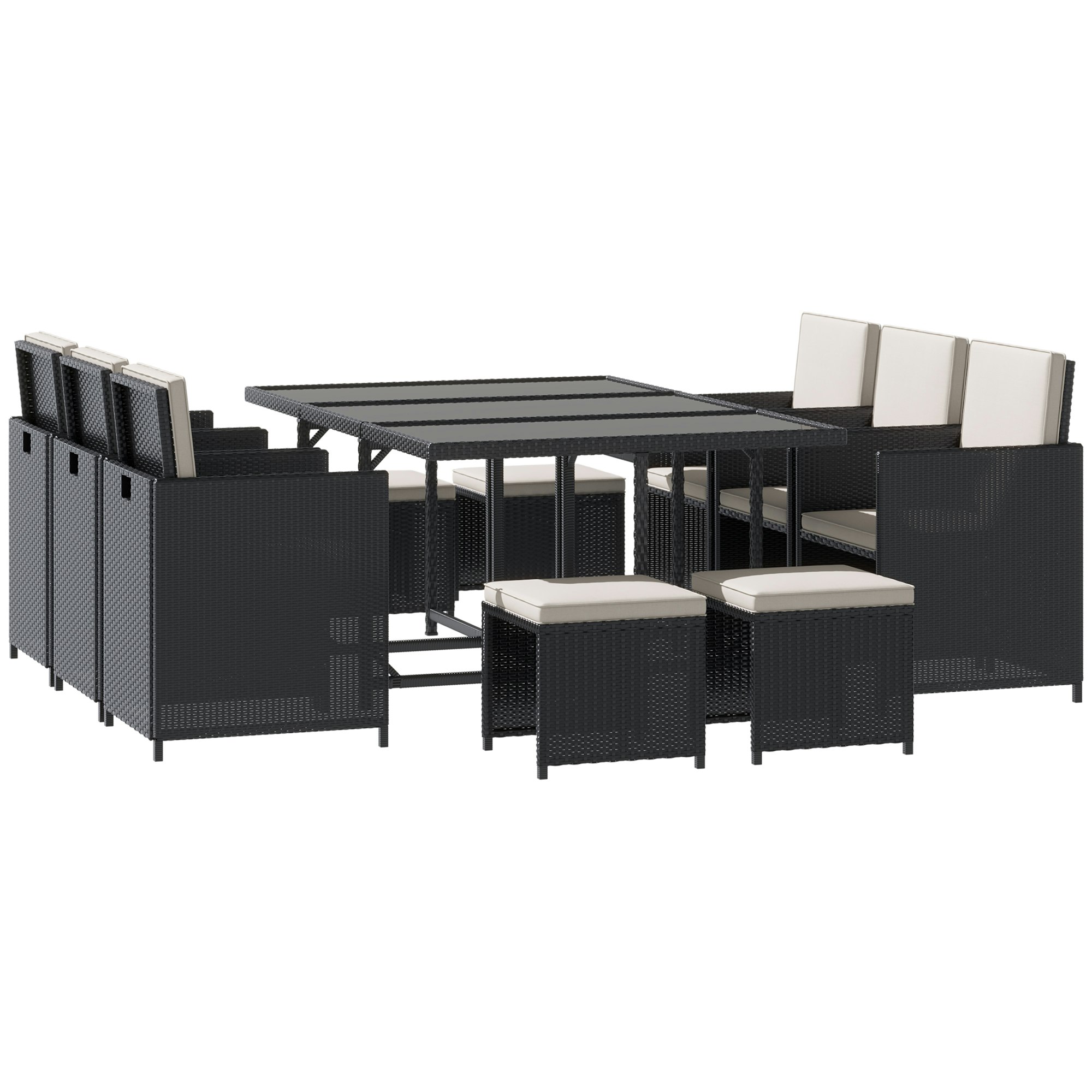 Outsunny Black 10 Seater Cube Rattan Dining Set W/ Cushions Glass Top Table - Steel, Pe Rattan, Polyester - 168Cmx109cmx72cm