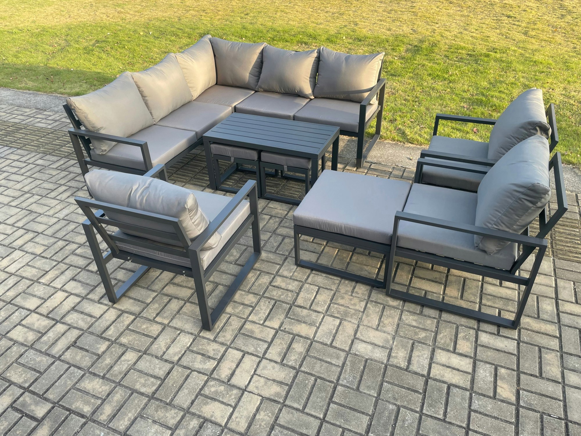 Fimous Dark/Grey 11 Seater Aluminium Outdoor Garden Furniture Set Patio Lounge Sofa With Oblong Coffee Table Chair 3 Footstools