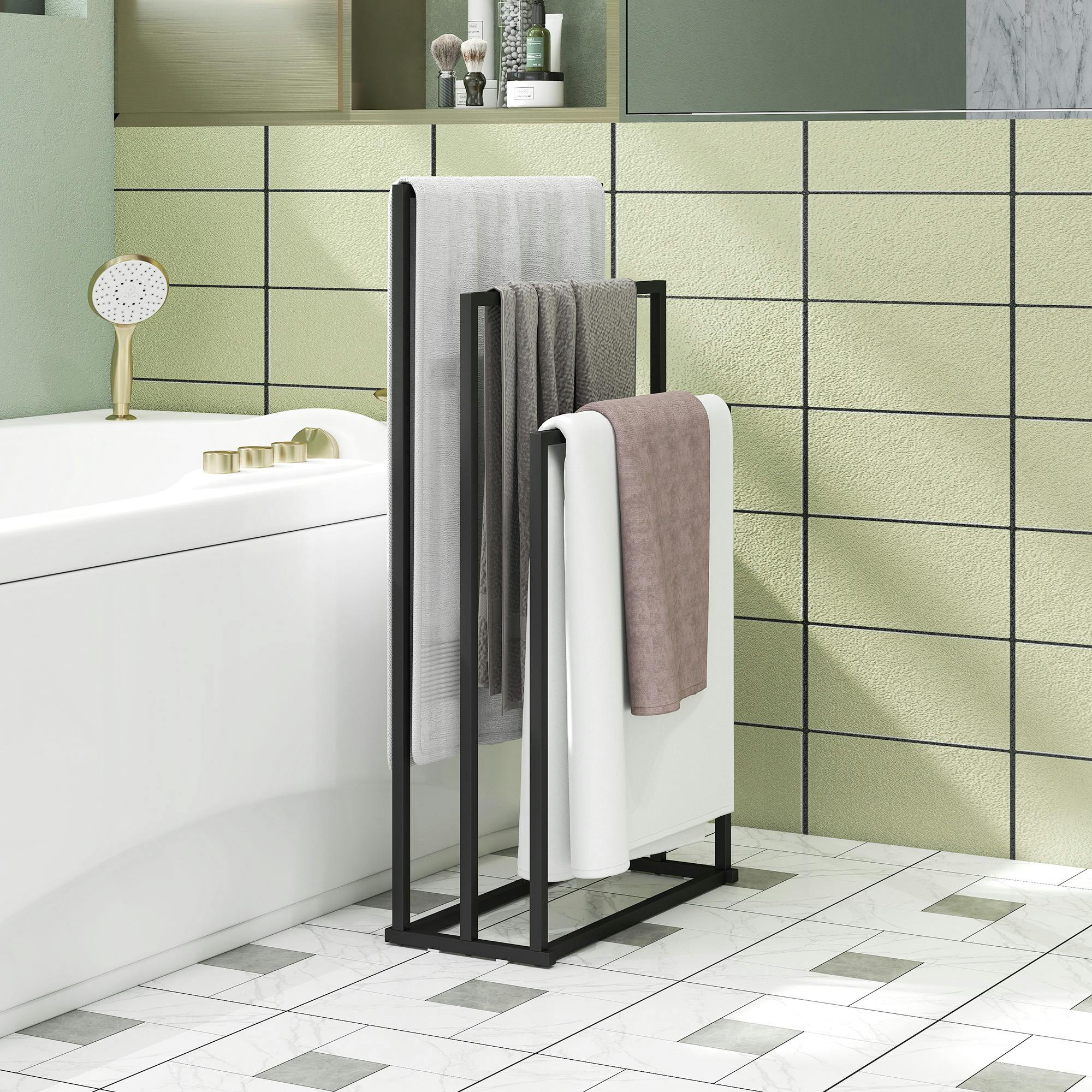 Rackhams Black Freestanding Towel Rack, Steel Towel Rail Holder With 3 Bars,