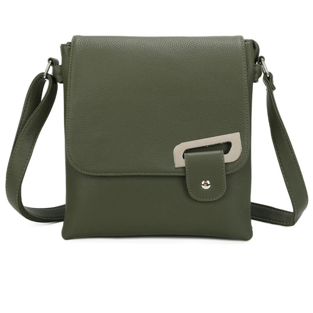 Love Emvy Green Portfolio Buckle Range Crossbody Bag – Faux Leather - Olive
