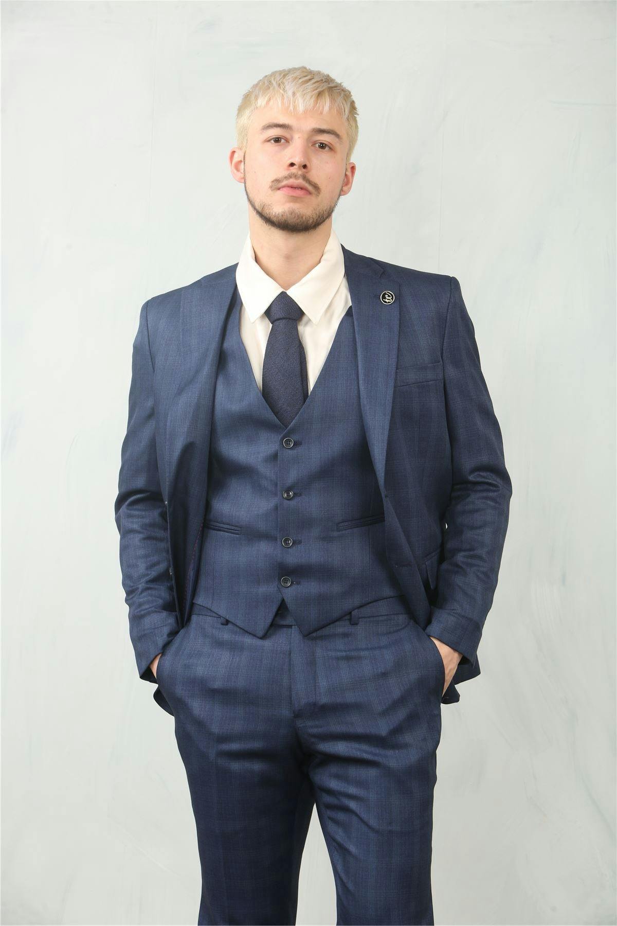 Infinity Leather Men's Blue 3 Piece Prince Of Wales Suit Workwear - 38" Jacket 32" Trousers