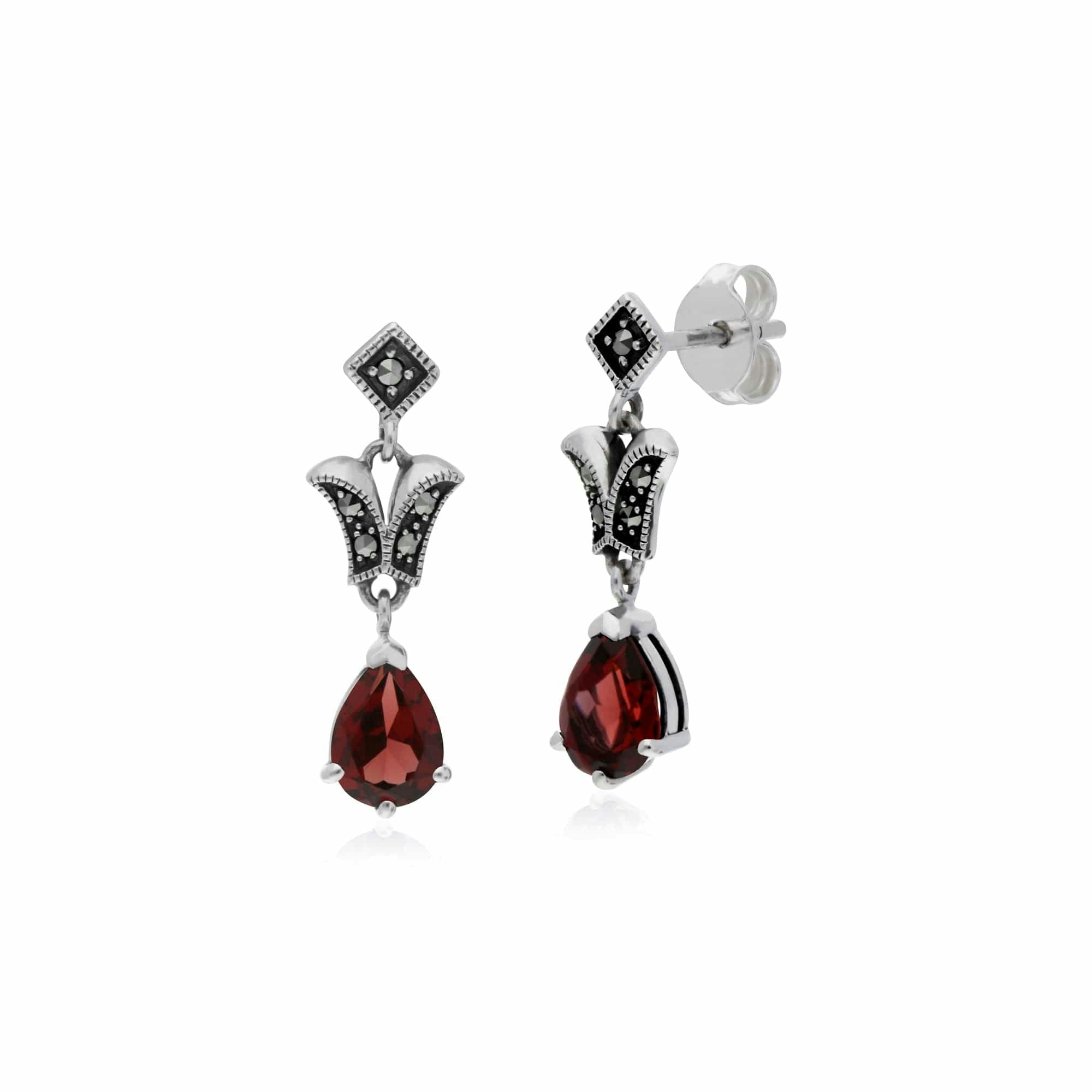 Gemondo Silver Art Nouveau Style Pear Garnet & Marcasite Drop Earrings In 925 Sterling - Sterling Garnet & Marcasite Pear Art Nouveau Drop Earrings