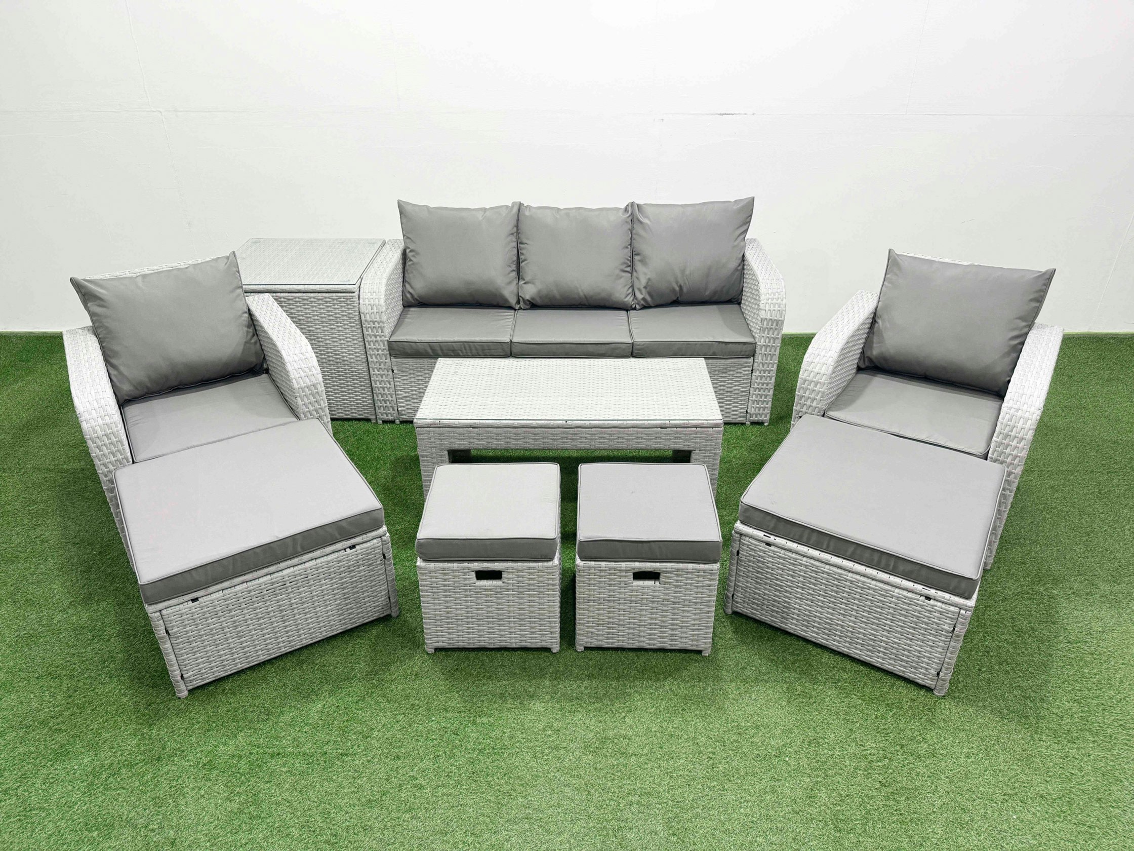 Rackhams Light/Grey Pe Wicker Rattan Furniture Sofa Sets With Oblong Coffee Table 3 Seater Sofa 4 Stools Side Table Mixed