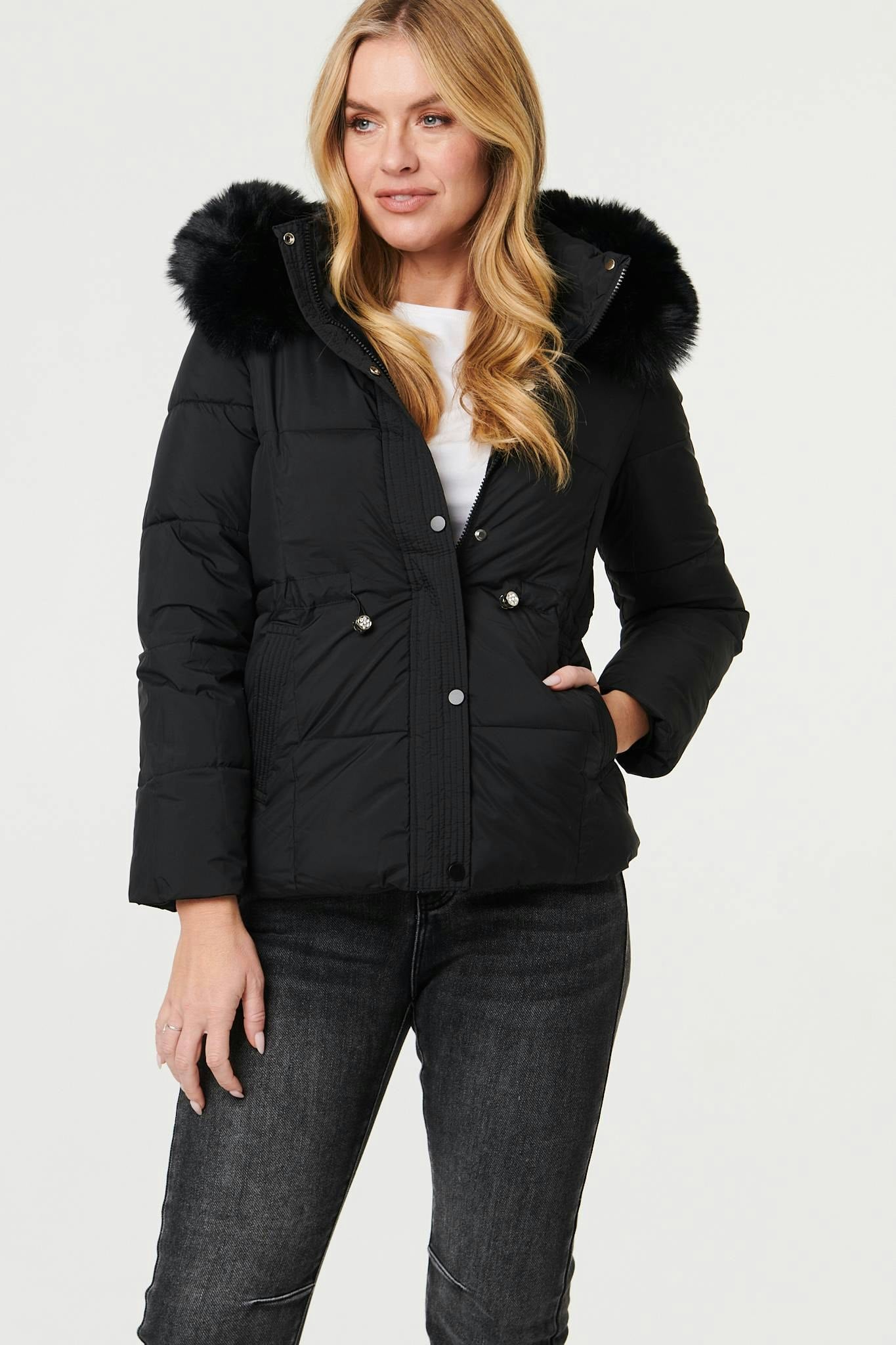 Izabel London Beige Faux Fur Trim Hood Puffer Jacket - L