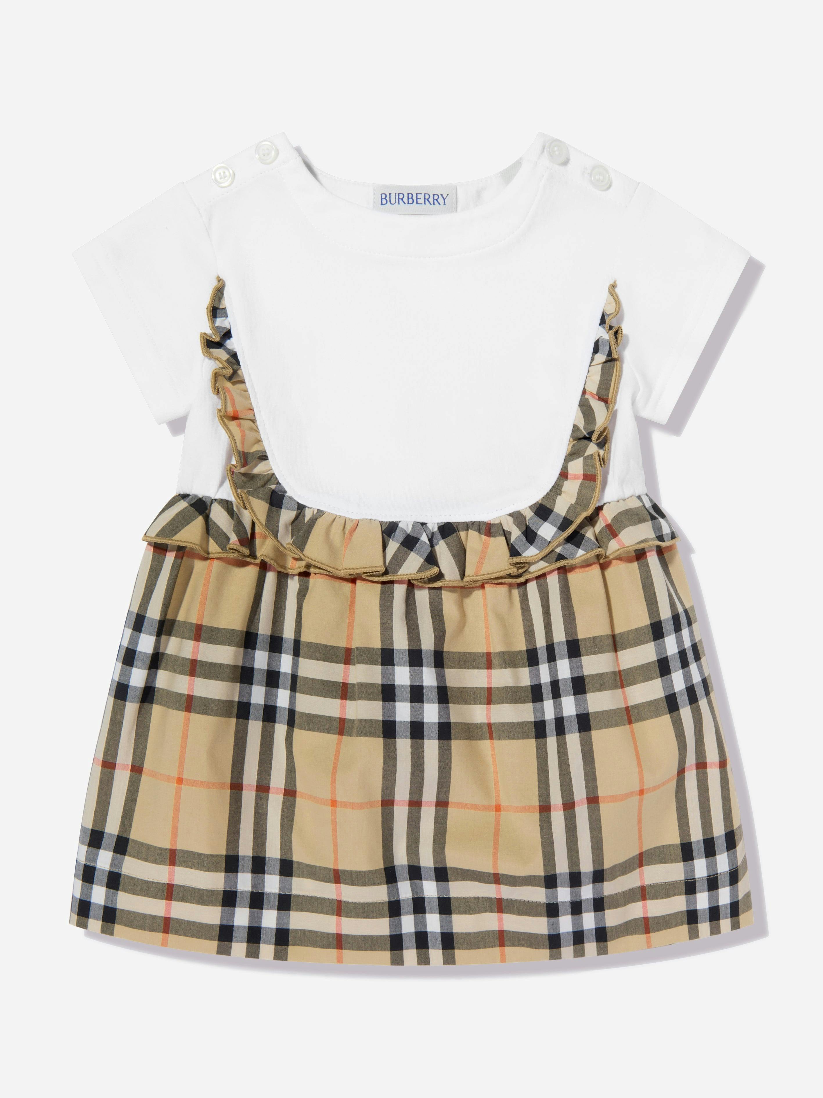 Burberry Kids Girls White Baby Mini Rhonda Frill Check Dress In - 3 Yrs