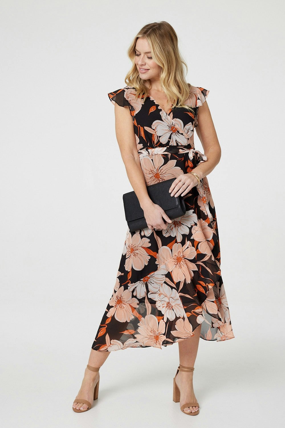 Izabel London Black Floral Frill Asymmetric Wrap Midi Dress - 14