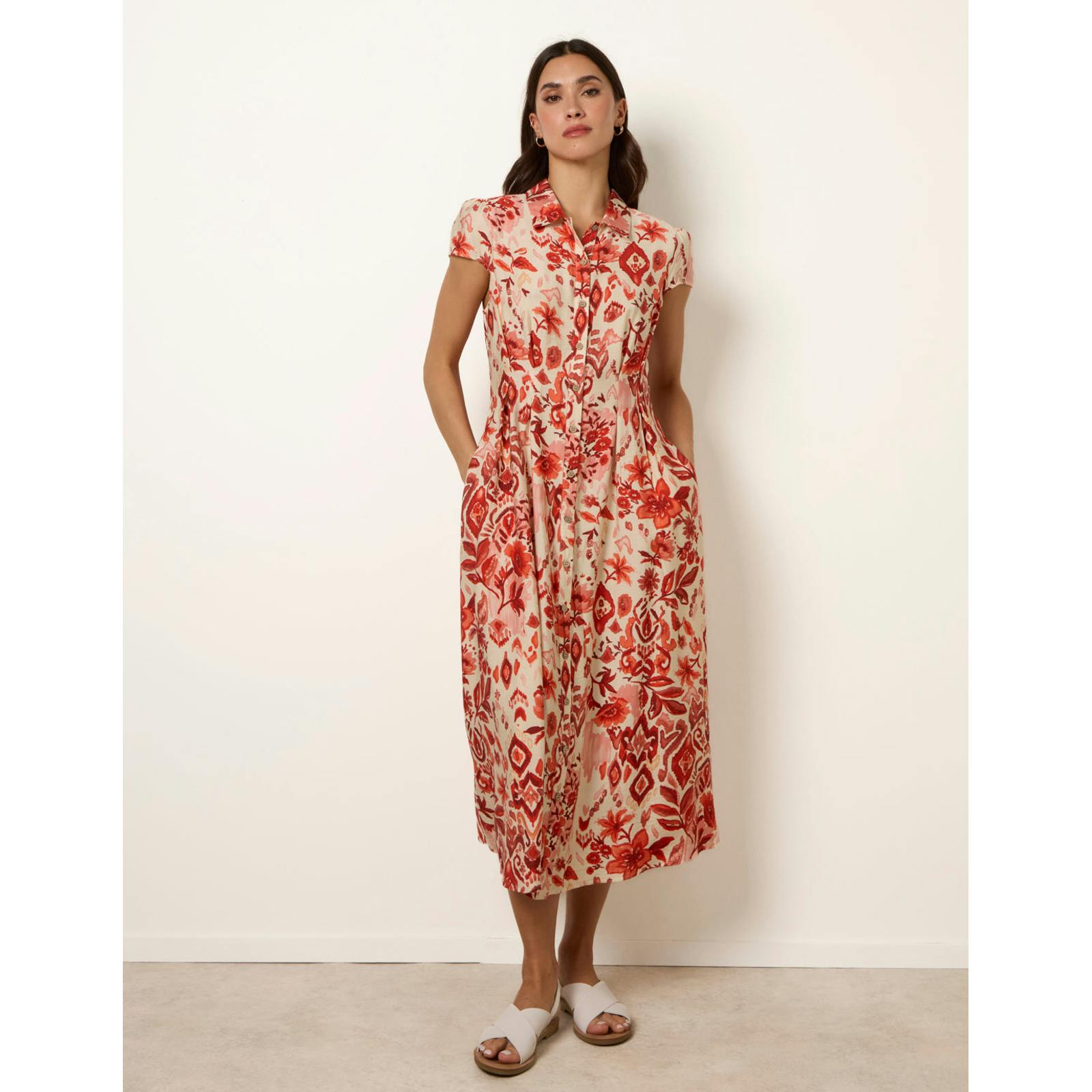 Blue Vanilla Blue/Orange Vanilla Watercolour Floral Printed Button Front Shirt Dress - S