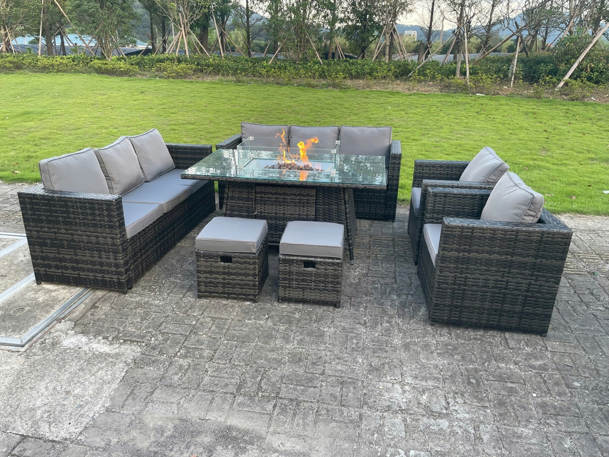 Rackhams Dark/Grey Outdoor Rattan Garden Furniture Gas Fire Pit Dining Table Sets Gas Heater Lounge Chairs Small Footstools Mixed 10 Seater