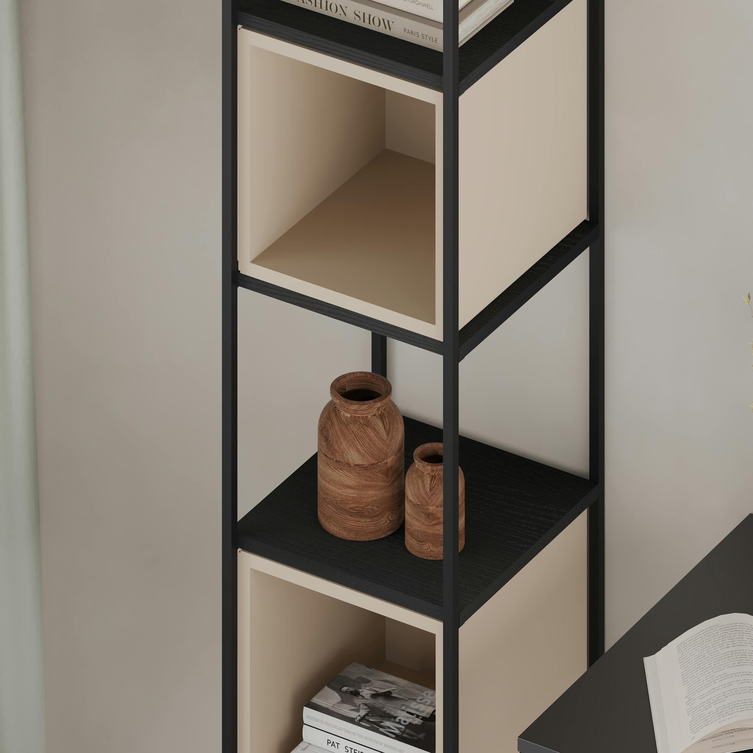 Decortie Black Modern Vale Mini Bookcase Versatile Display Unit 5-Tier Metal Frame 2 Adjustable Shelf 18Mm ( Wood) - Sandstone