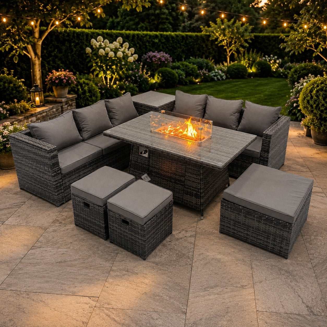 Rackhams Dark/Grey 9 Seater Garden Outdoor Rattan Furniture Set Patio Corner Sofa Gas Fire Pit Dining Table With Side Table 3 Stools