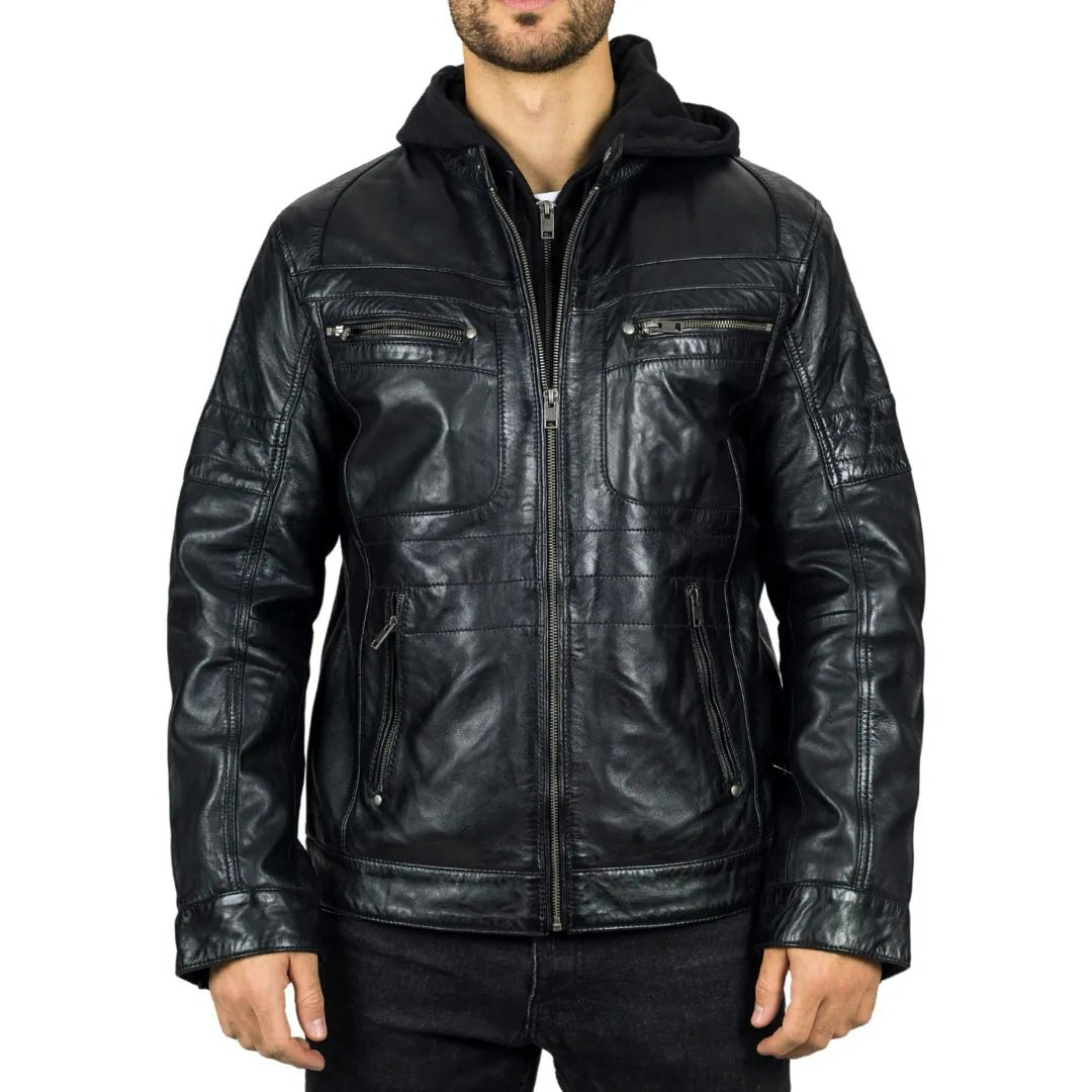 Infinity Leather Men's Black Leather Company Hooded Genuine Leather Biker Jacket - 4XL