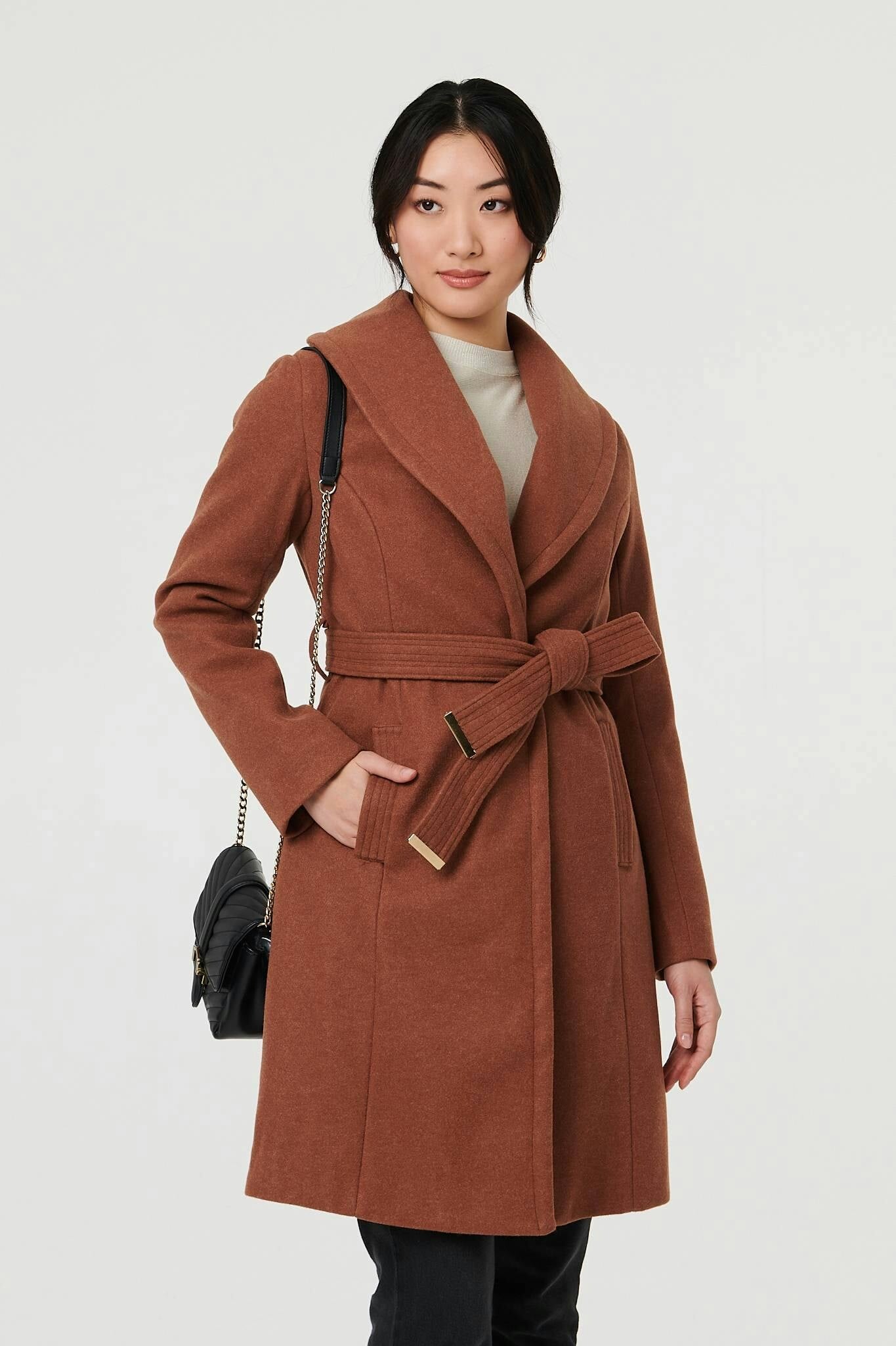 Izabel London Brown Wrap Front Tie Waist Coat - 8