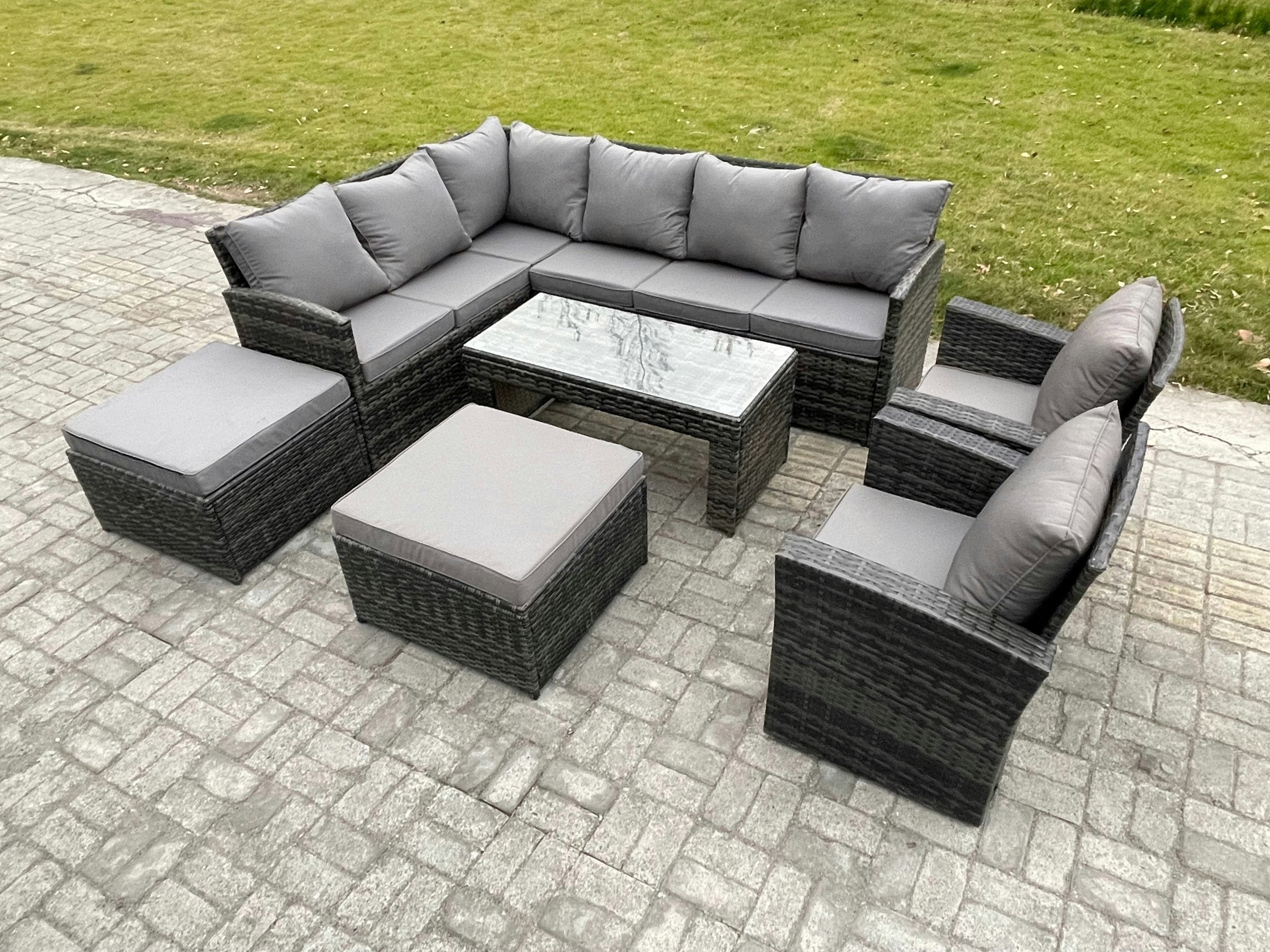 Fimous Dark/Grey Rattan Garden Furniture Sets High Back Corner Sofa Oblong Coffee Table Set With 2 Big Footstool 2 Armchairs Mixed