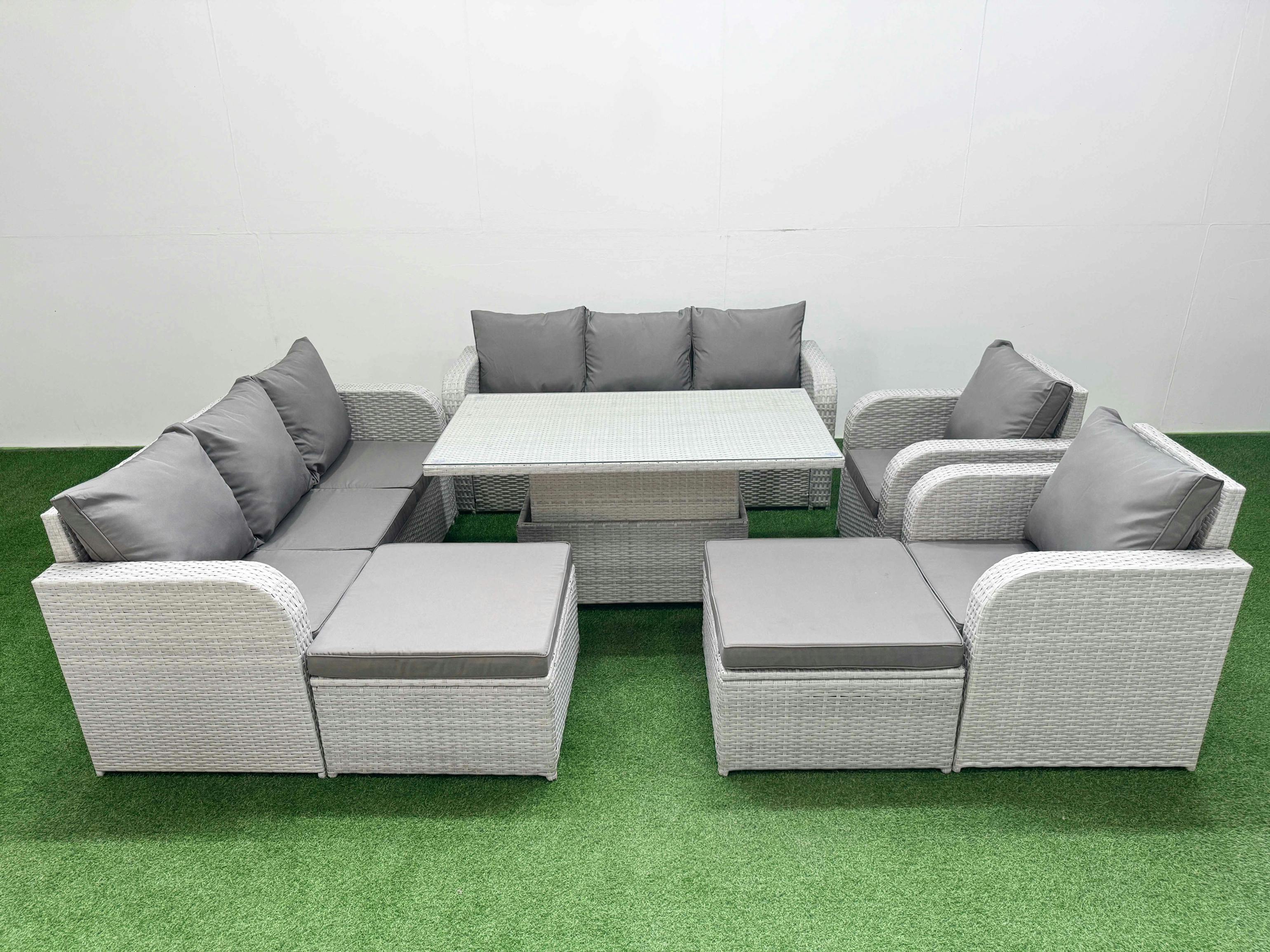 Rackhams Light/Grey Pe Rattan Garden Furniture High Back Lounge Sofa Patio Set, Adj Height Table, 3 Seater Sofa, Reclining Chair, 2 Big Footstool,
