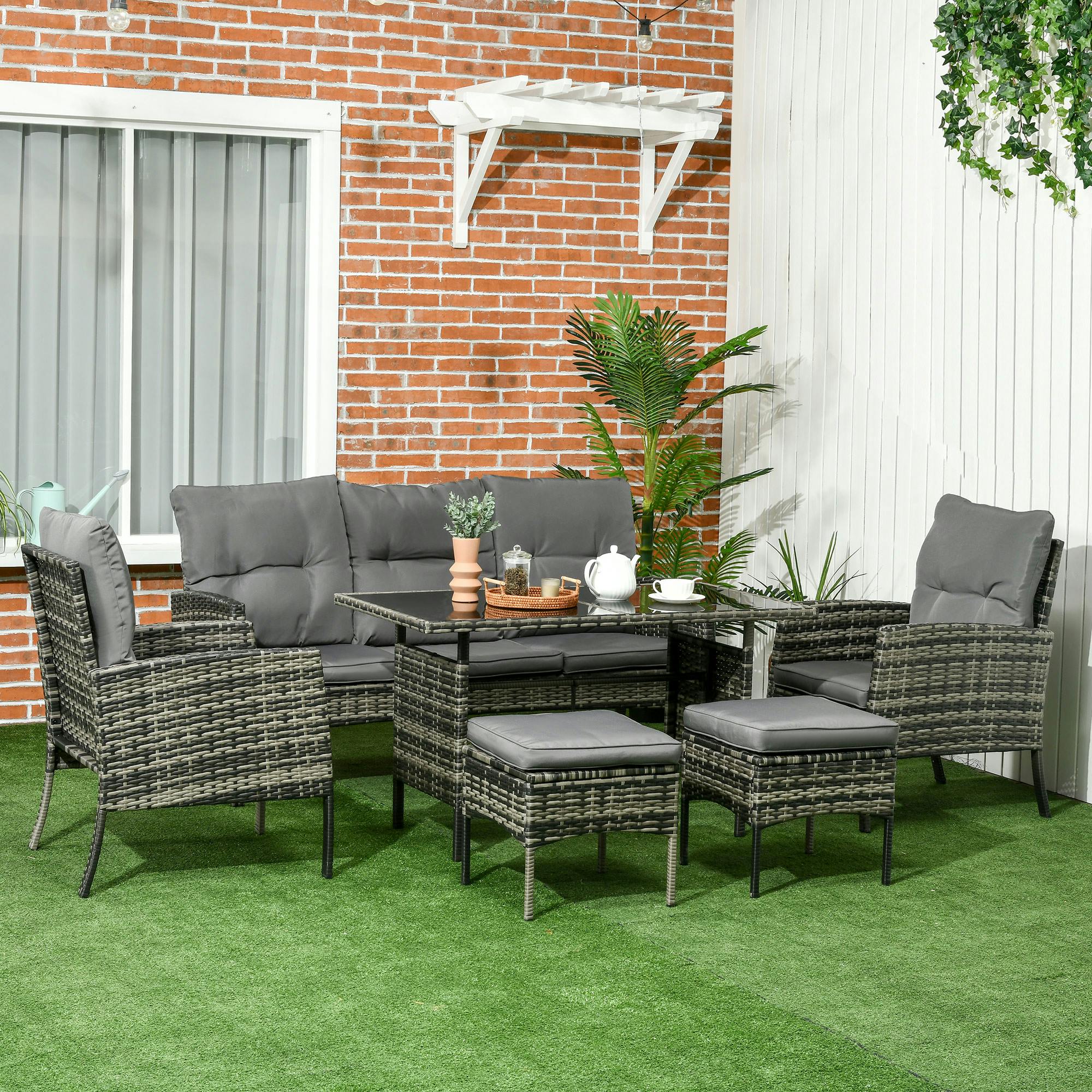 Outsunny Grey Rattan Garden Furniture Sofa Set, 2 Armchairs 2 Table