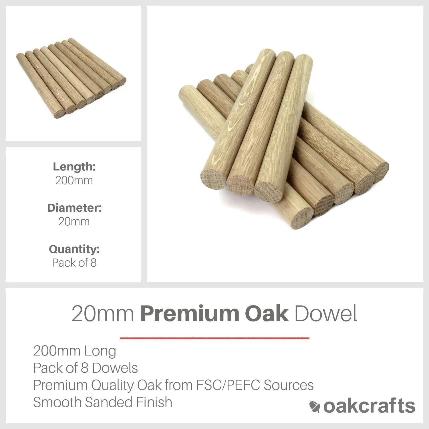 Oakcrafts 20Mm Oak Dowel 200Mm Length - Pack Of 8 Dowels
