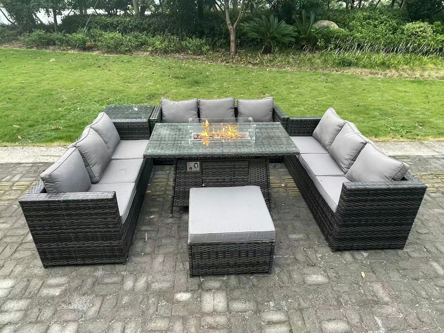 Rackhams Dark/Grey 10-Seater Rattan Outdoor Gas Fire Pit Dining Set | Sofa, Side Table, Footstool |