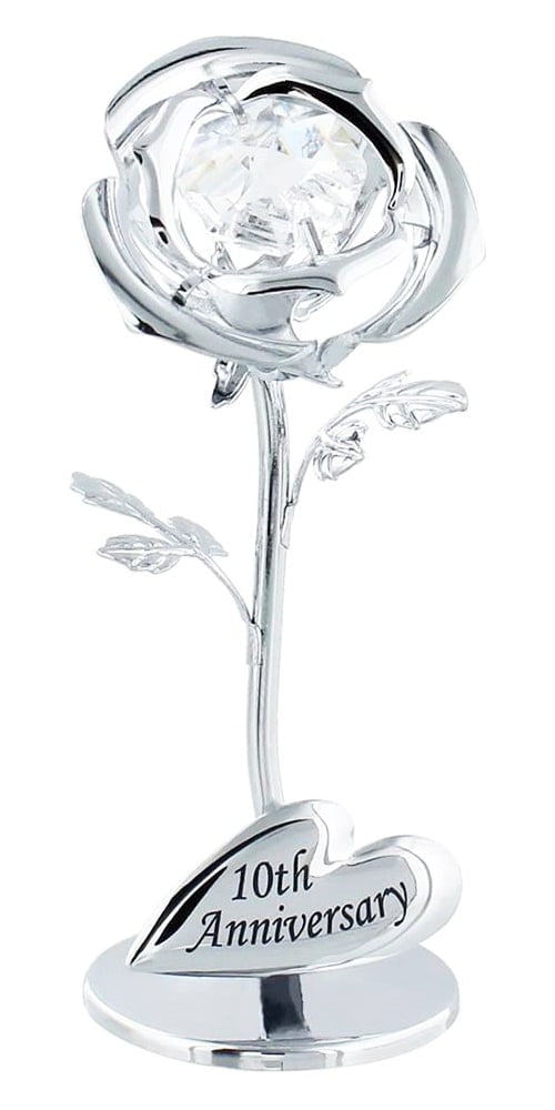 Happy Homewares Silver Modern "10Th Anniversary" Plated Flower With Clear Swarovski Crystal Bead