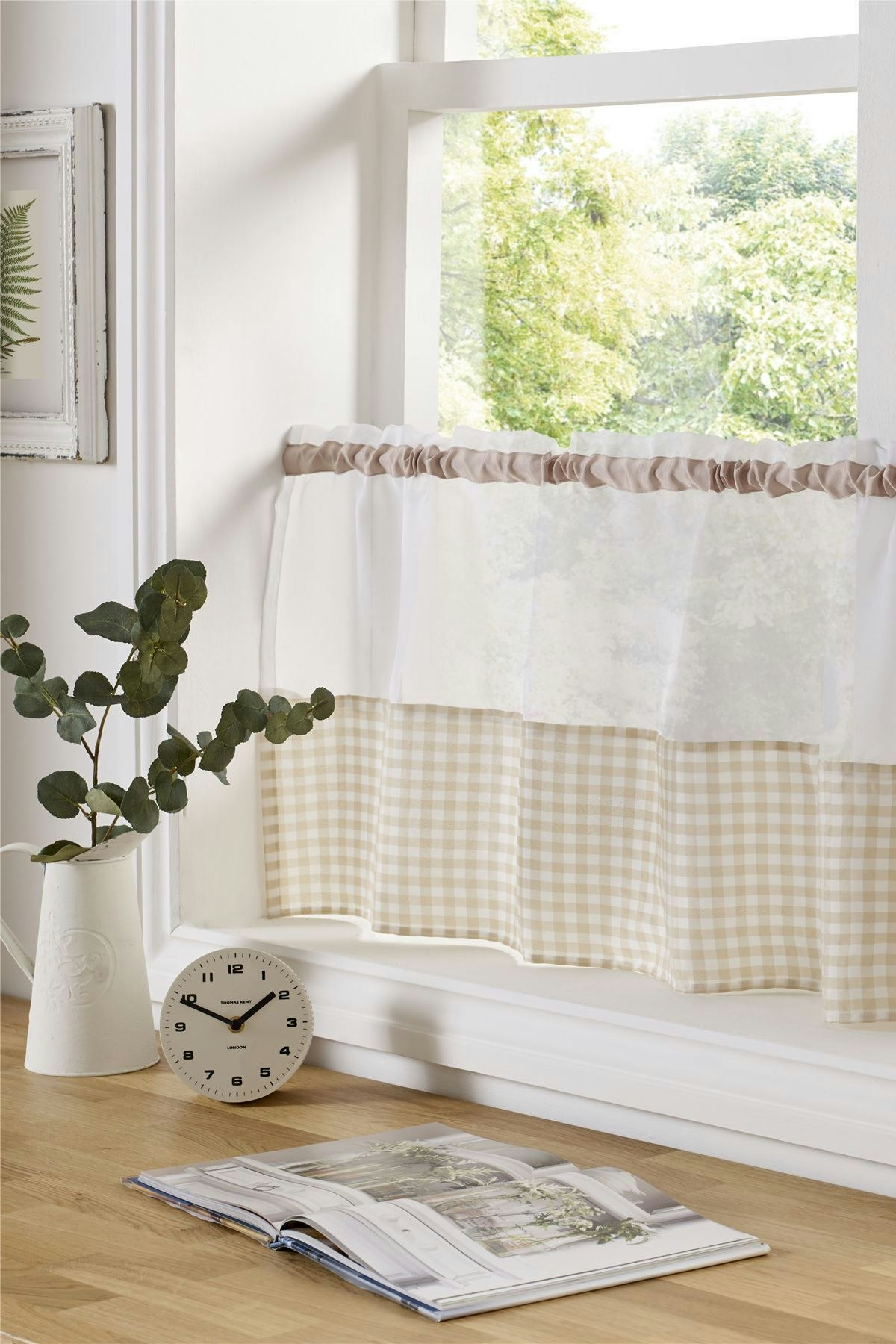 Rackhams Beige Gingham Checked Kitchen Voile Curtain Café Panels - 24"