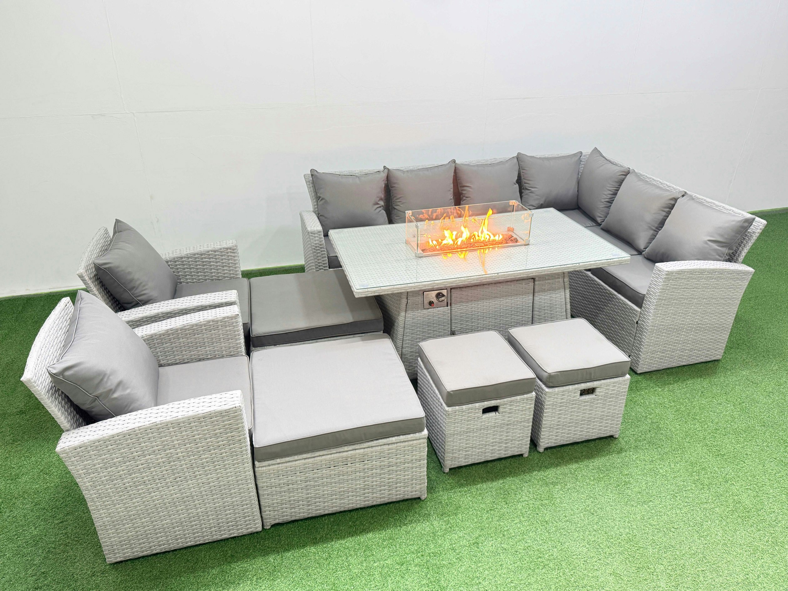 Rackhams Light/Grey Outdoor Furniture Garden Dining Set Rattan Corner Sofa Chair Set Gas Fire Pit Table With Temper Glass Footstools Mixed