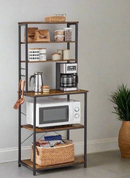 Modcraft Industrial Kitchen Storage Rack With 6 Shelves & 6 Hooks, Adjustable Middle Shelf