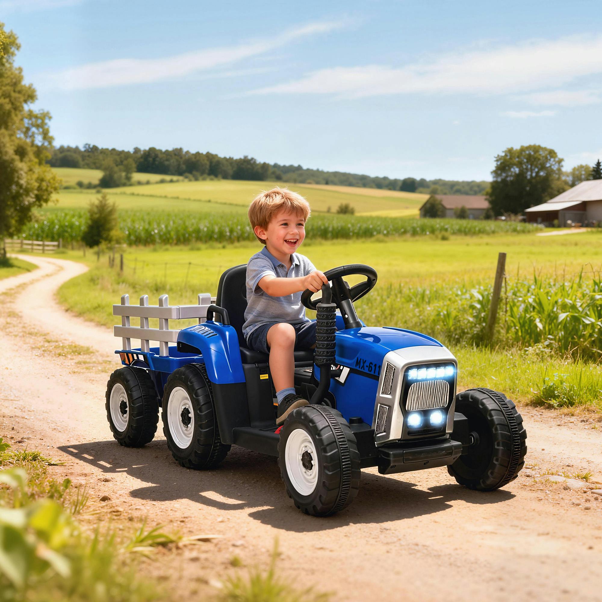 12V Kids Ride On Tractor with Trailer Remote Control Music Blue Electric Car - Image 4