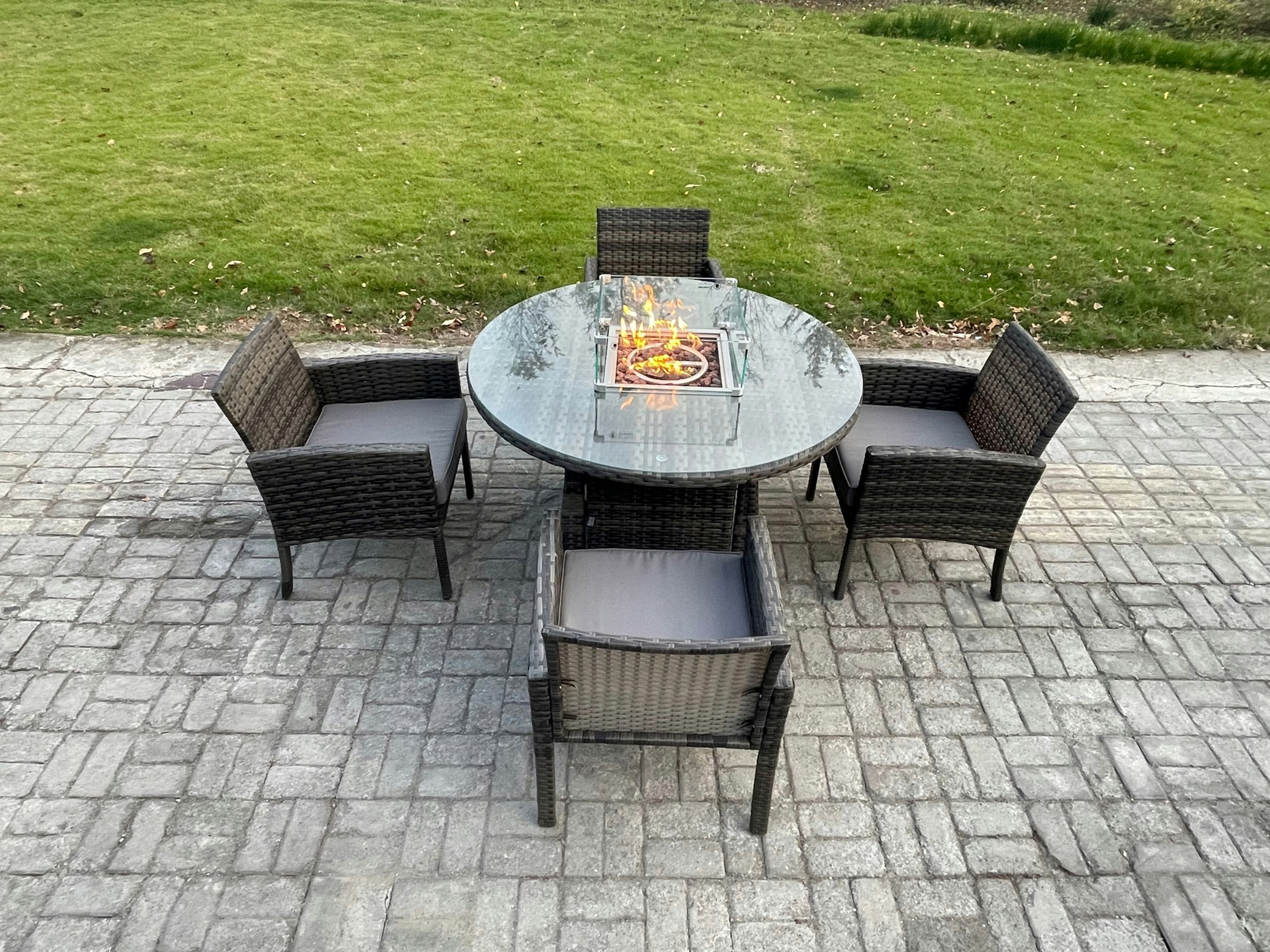 Fimous Dark/Grey Outdoor Pe Rattan Garden Furniture Sets Gas Fire Pit Round Table Sets Gas Heater With 4 Seater Dining Cahirs Mixed