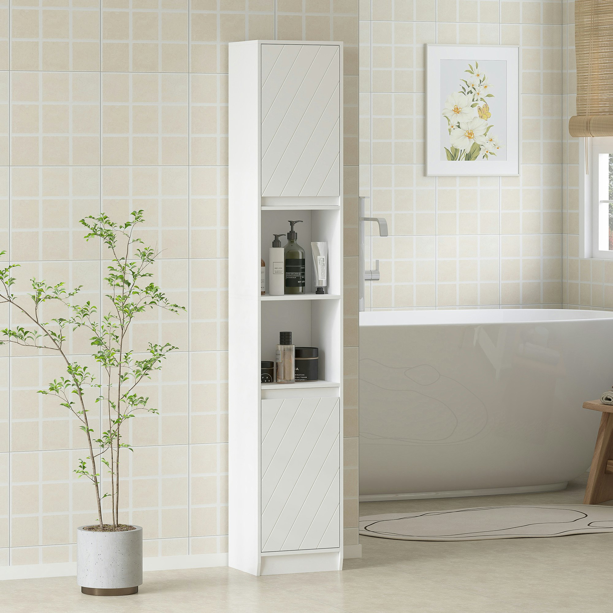 Homcom White Narrow Bathroom Storage Cabinet With Open Compartment, - Bathroom Cabinet - Mdf, Particle Board