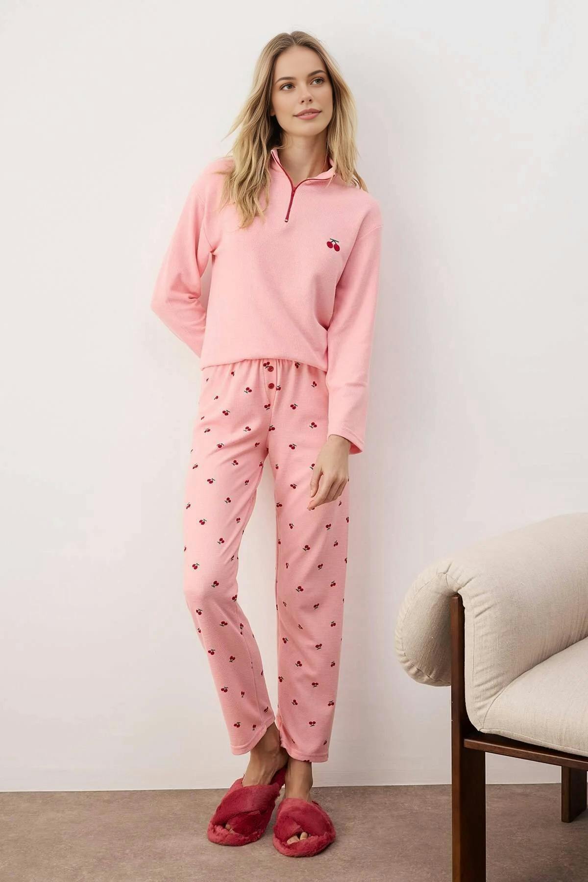 Wovcor Pink 2-Piece Cherry Patterned Zippered Soft Winter Waffle Knit Pajama Set - Xl