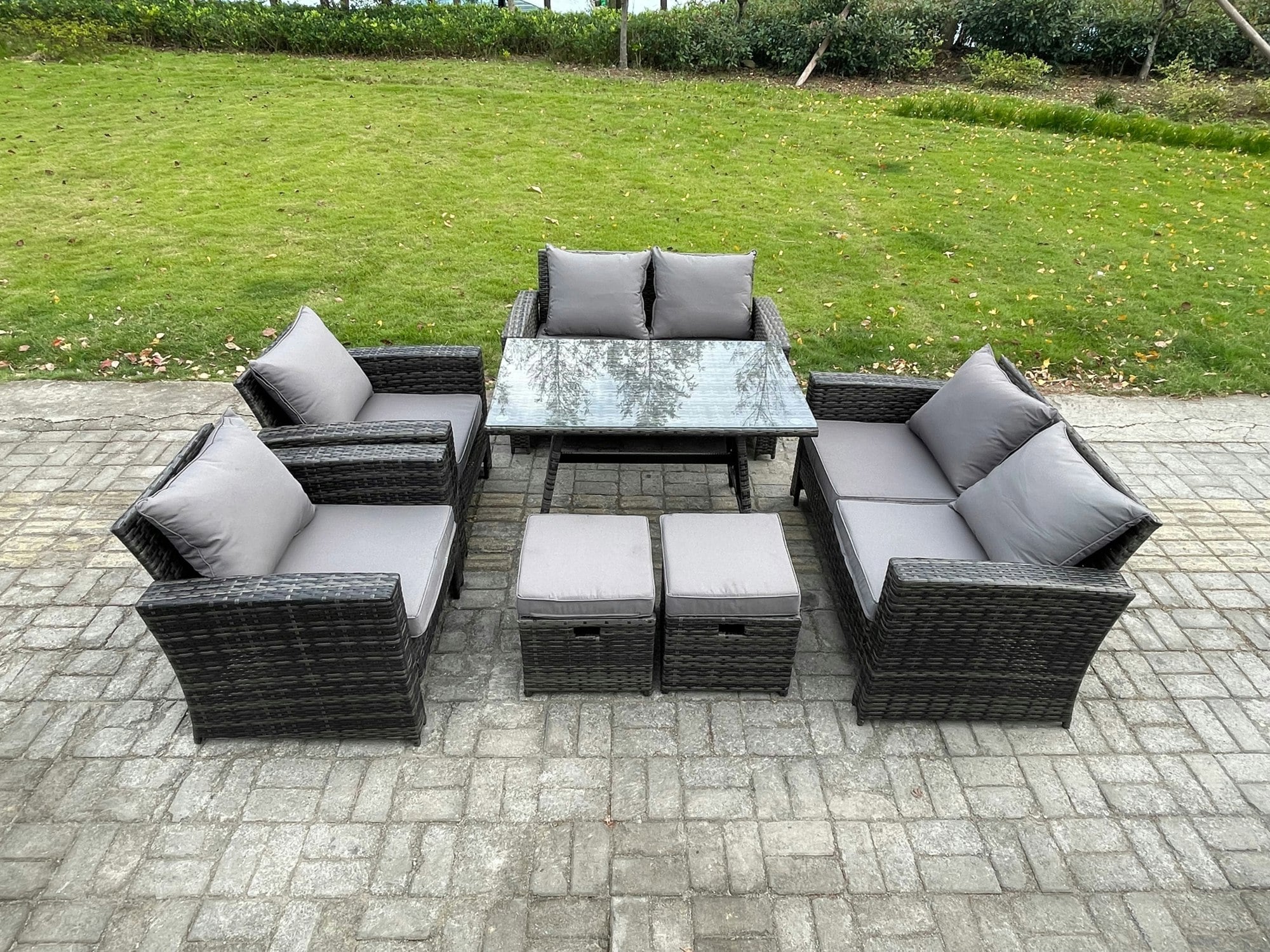 Fimous Dark/Grey Rattan Garden Furniture Set Patio Outdoor Lounge Sofa Set With Rectangular Dining Table Double Seat Sofa 2 Small Footstools Mixed