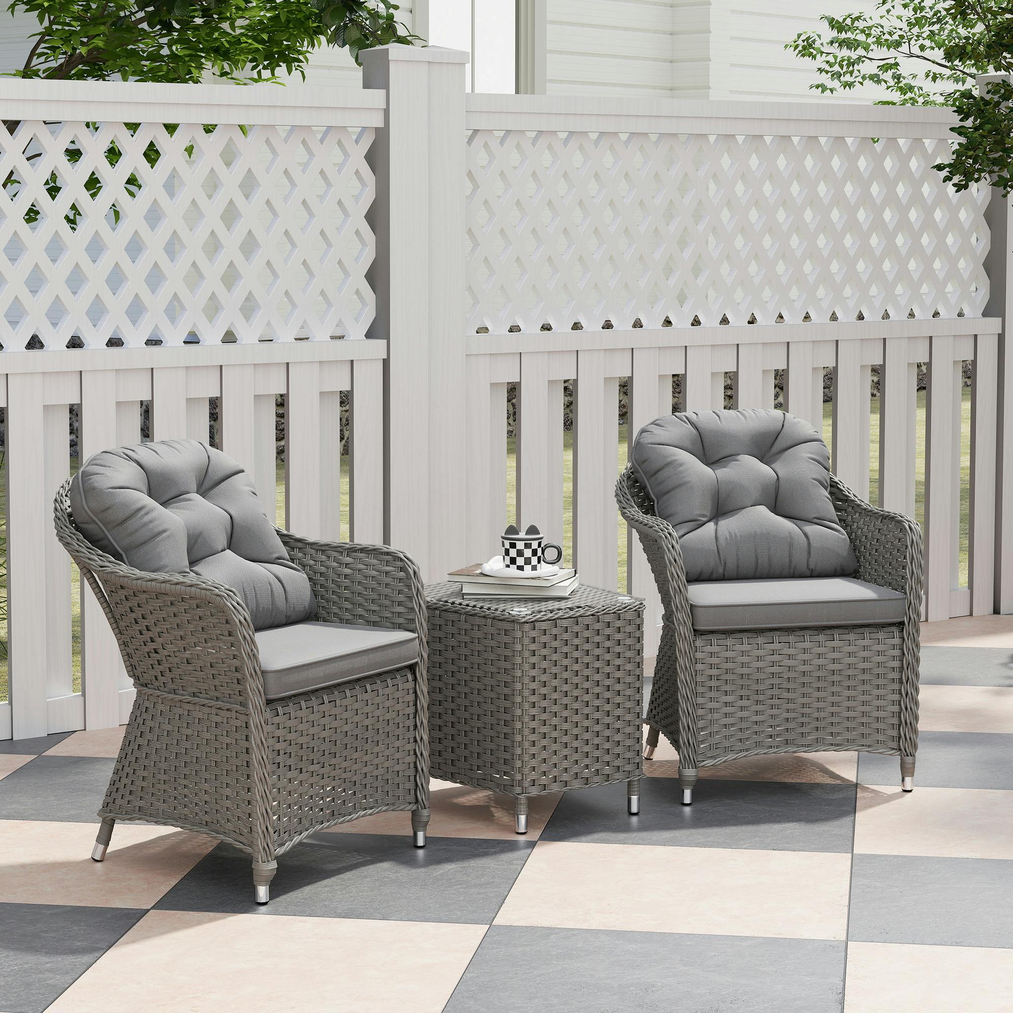 Rackhams Light/Grey 3 Pcs Aluminium Rattan Bistro Set With Soft Cushions - Pe Rattan - 62Cm X 77Cm X 83Cm