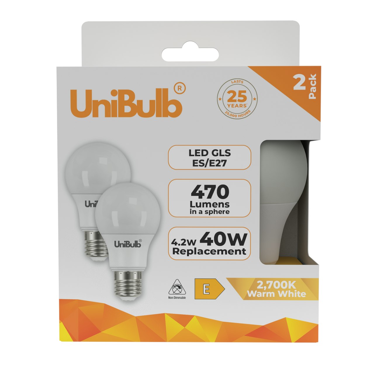Energizer White/Light Unibulb Led Gls E27 470Lm 4.2W 2700K (Warm ) Bulb - Pack Of 2