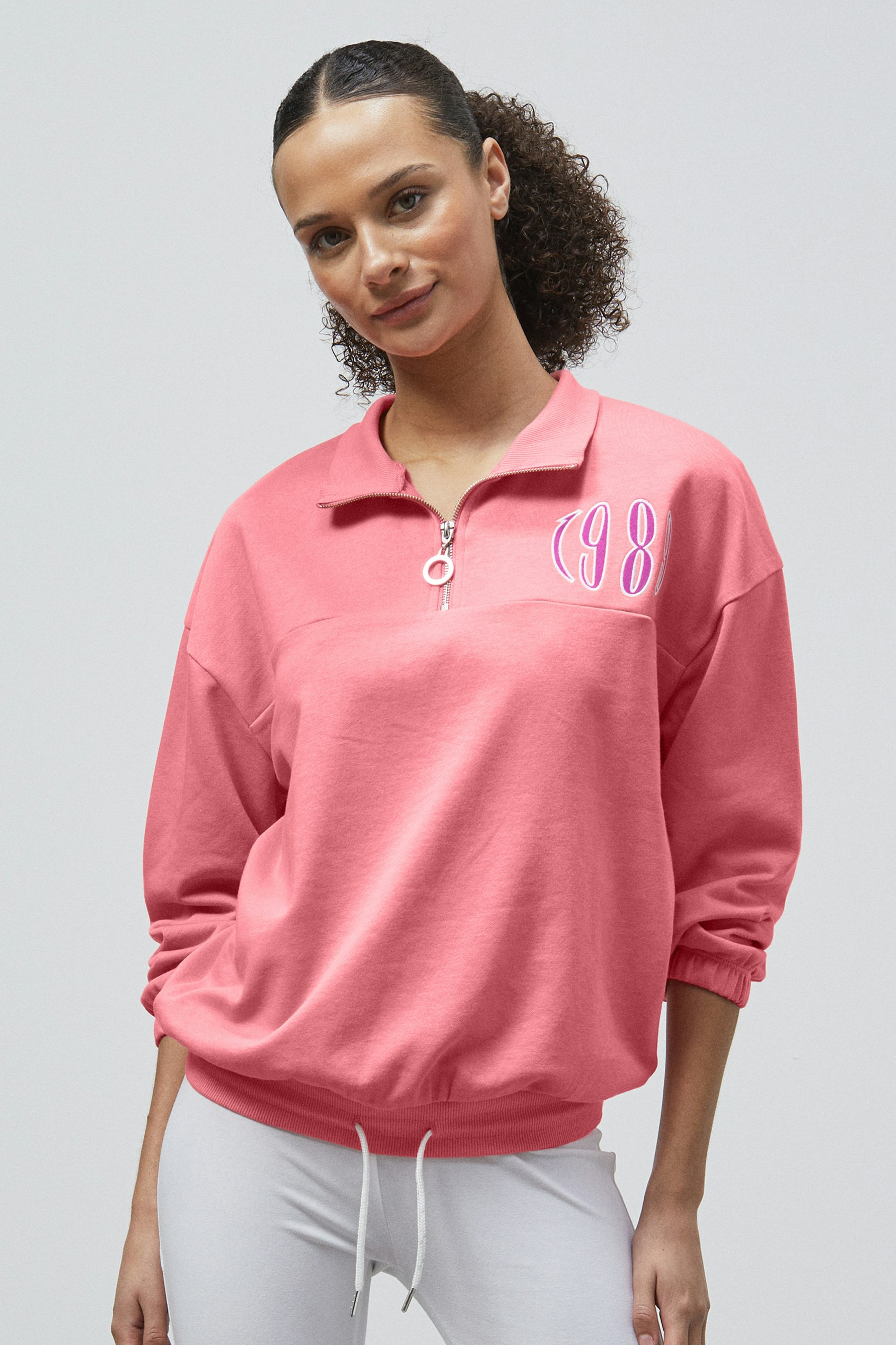 Enorsia Pink Half Zip High Neck Embroidery Sweatshirt - 12 - 77% Cotton 23% Polyester