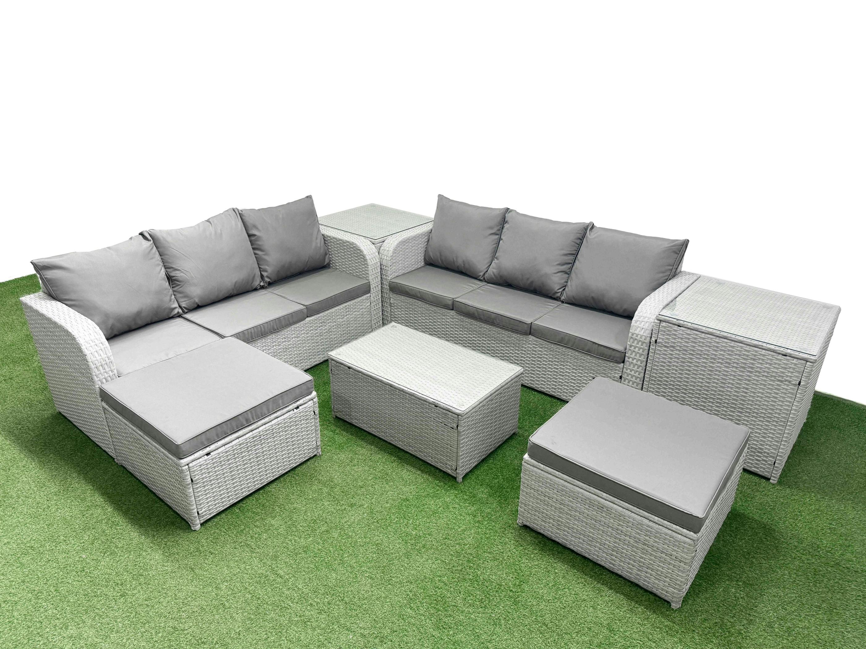 Rackhams Light/Grey 8 Seater Garden Sofa Set, Wicker Rattan, Coffee Table, High Back Lounge Sofa, 2 Big Footstools And 2 Side Tables,
