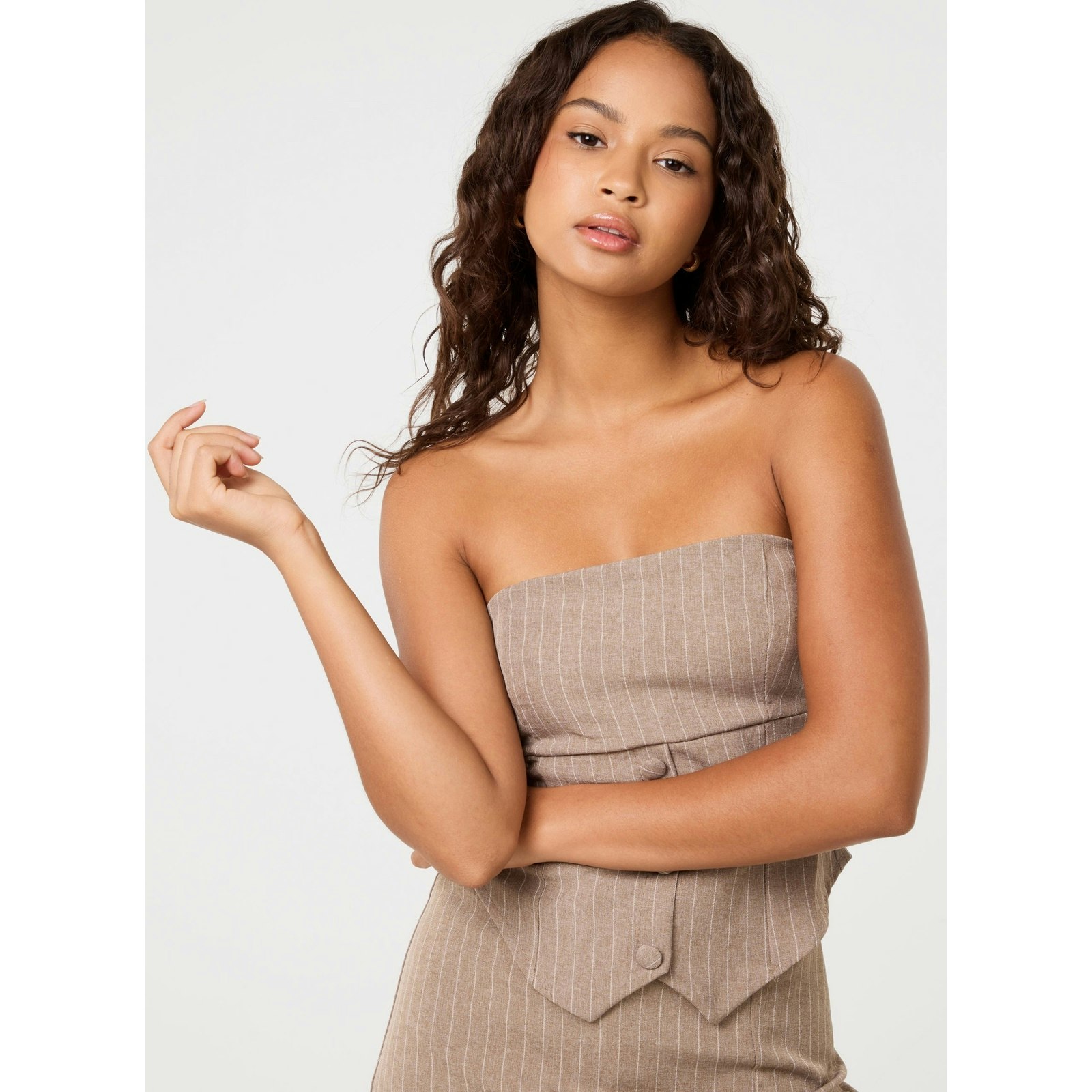 Pink Vanilla Pink/Light/Brown Vanilla Bustier Pinstripe Button Top - M-L