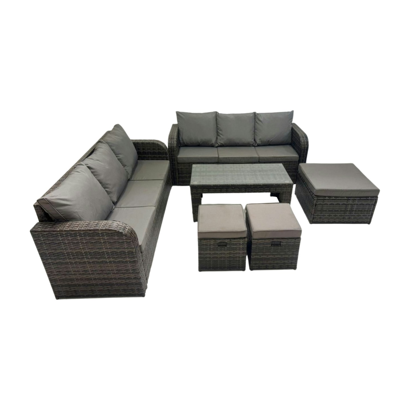 Rackhams Dark/Grey Rattan Garden Outdoor Furniture Set 3 Seater Sofa Coffee Table With 3 Footstools Mixed