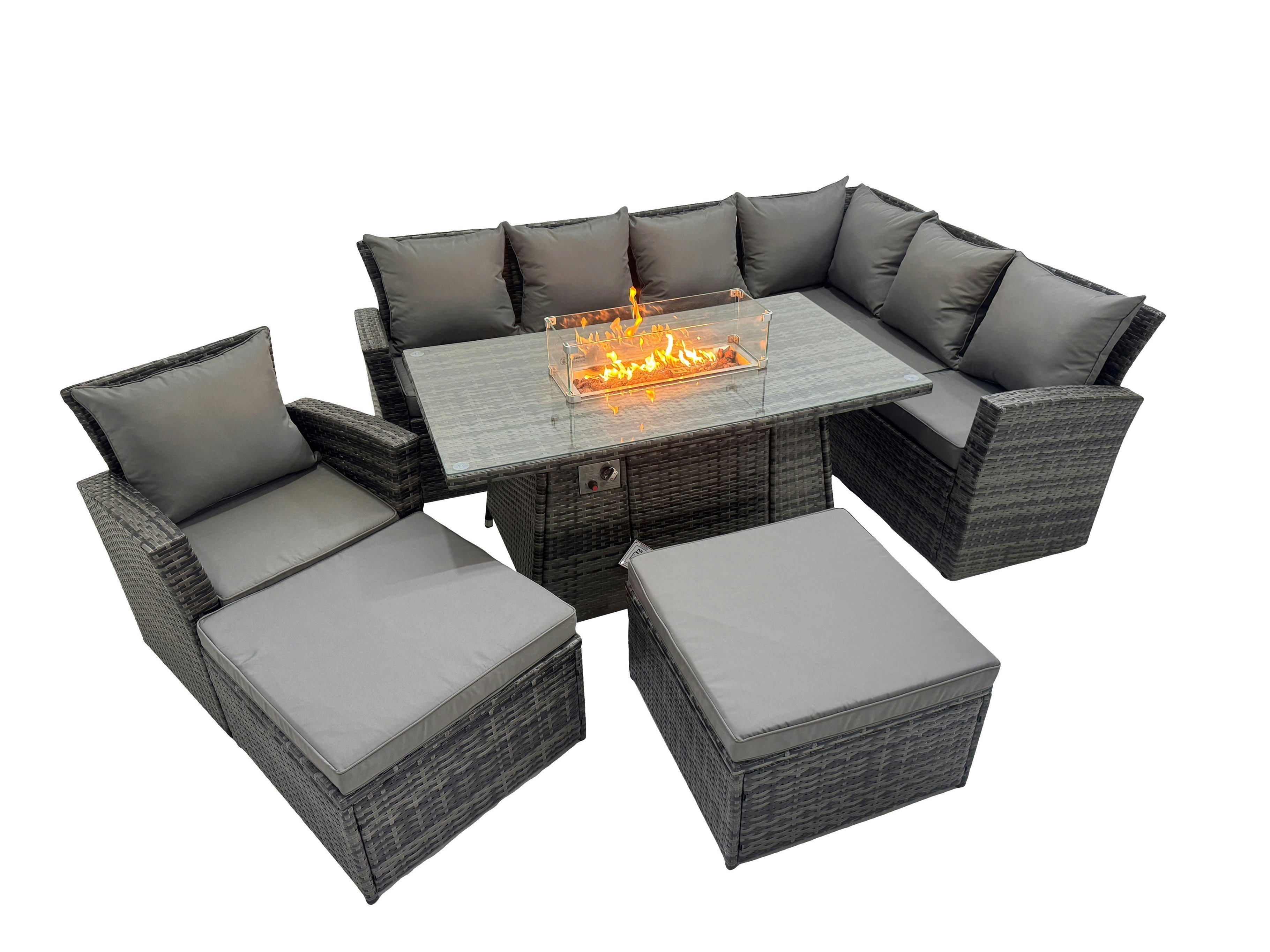 Fimous Dark/Grey Outdoor Furniture Garden Dining Set Rattan Corner Sofa Chair Set Gas Fire Pit Table With Temper Glass 2 Big Footstools Mixed