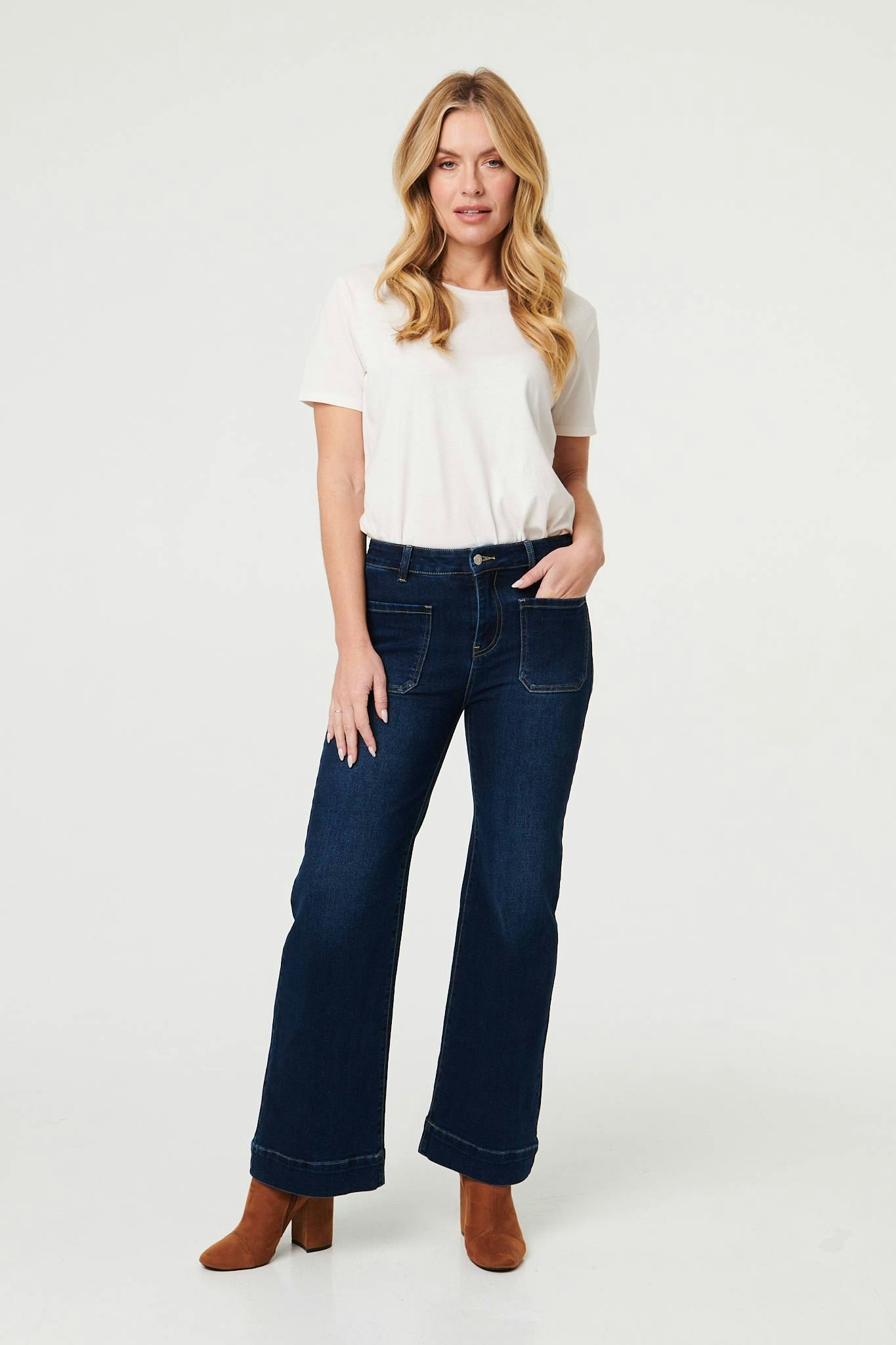 Izabel London Blue Pocket Detail High Waist Wide Jeans - 16